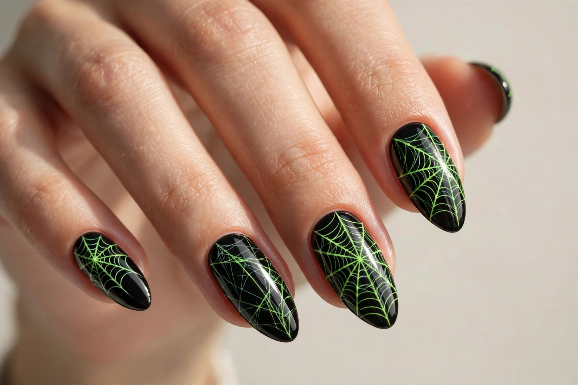 Glowing green spiderwebs spun across glossy black nails