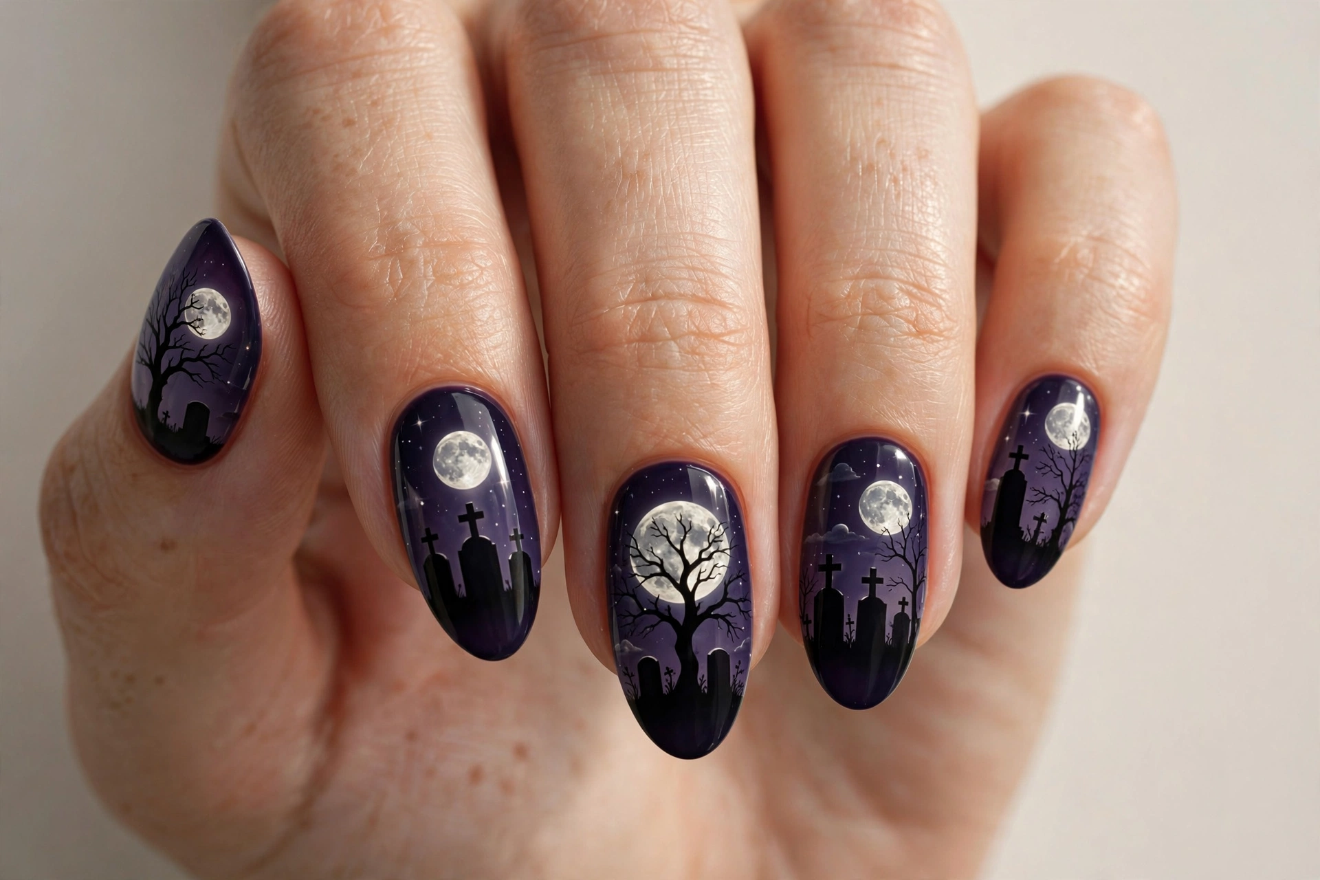 Tombstone and dead tree silhouettes against glowing moon on purple nails