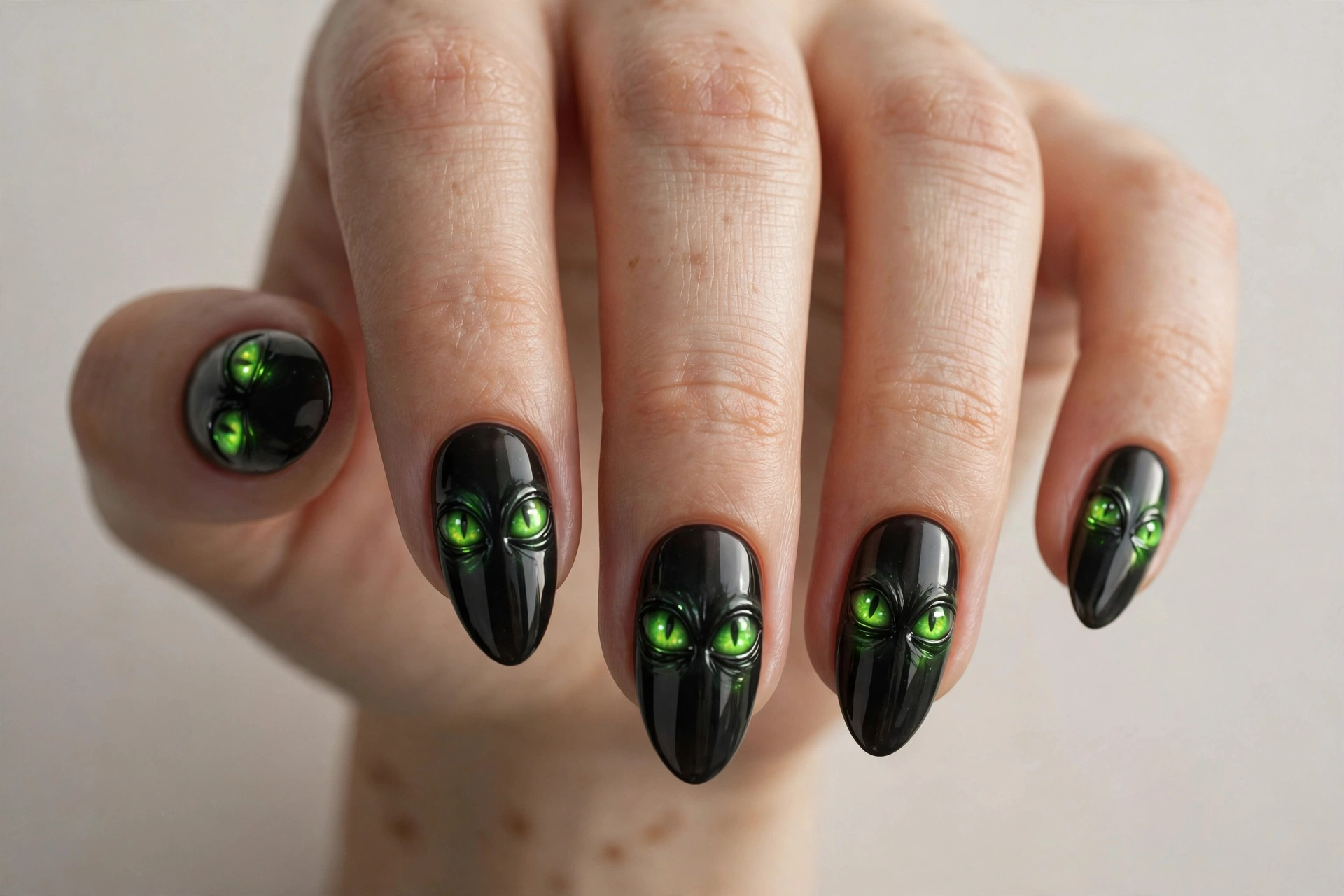 Eerie neon green eyes peeking from pitch black nails
