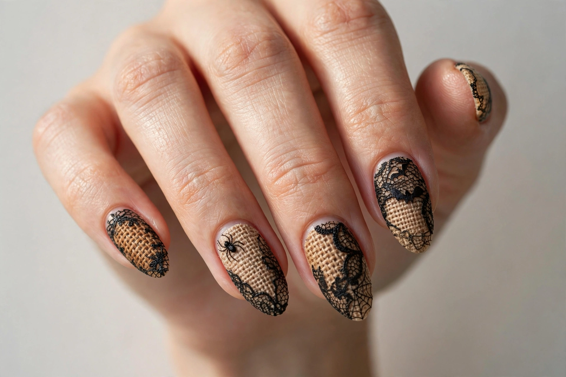 Rustic burlap texture combined with black lace nail patterns