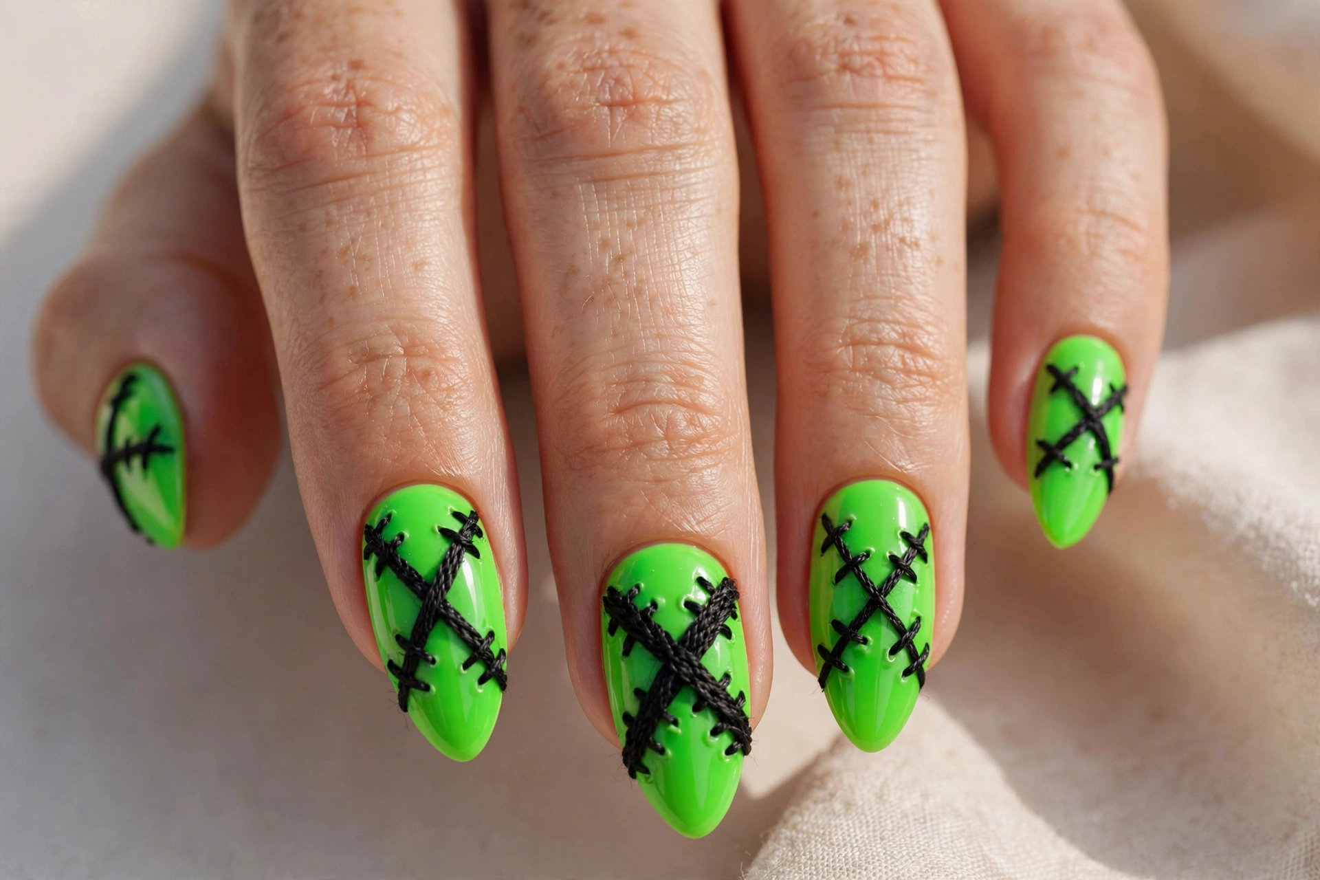Neon green nails crossed with thick black stitched seams