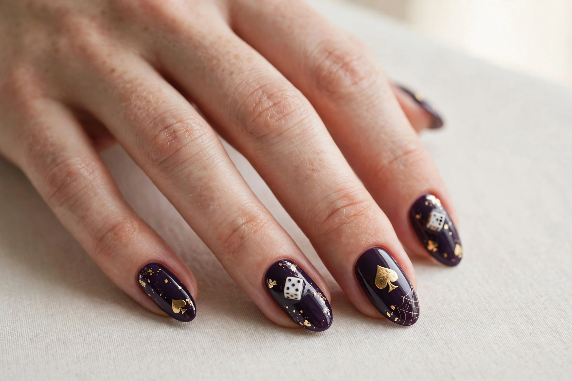 Tiny dice and spade card suits on dark purple nails with gold