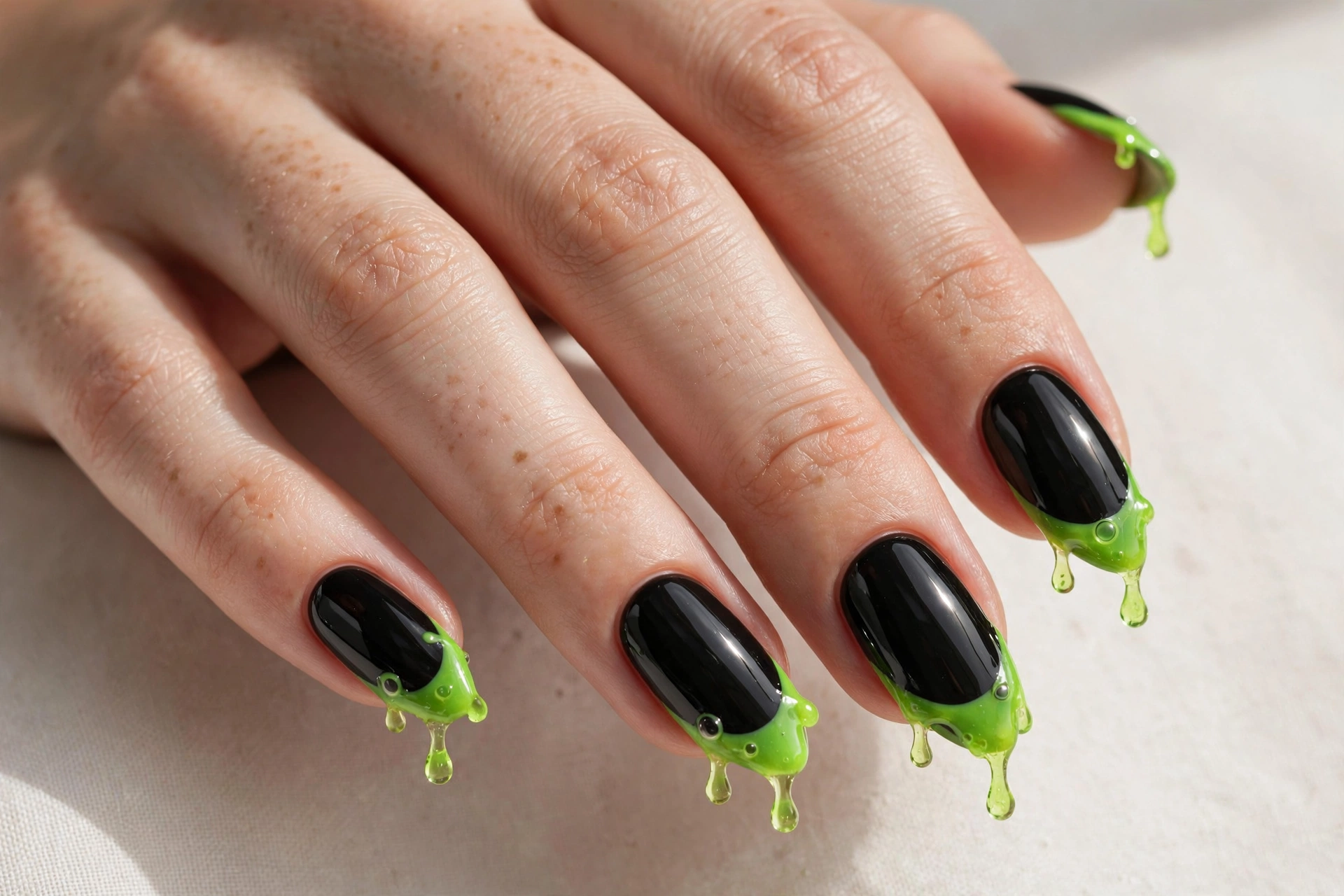 French tips replaced with dripping neon green slime on black nails