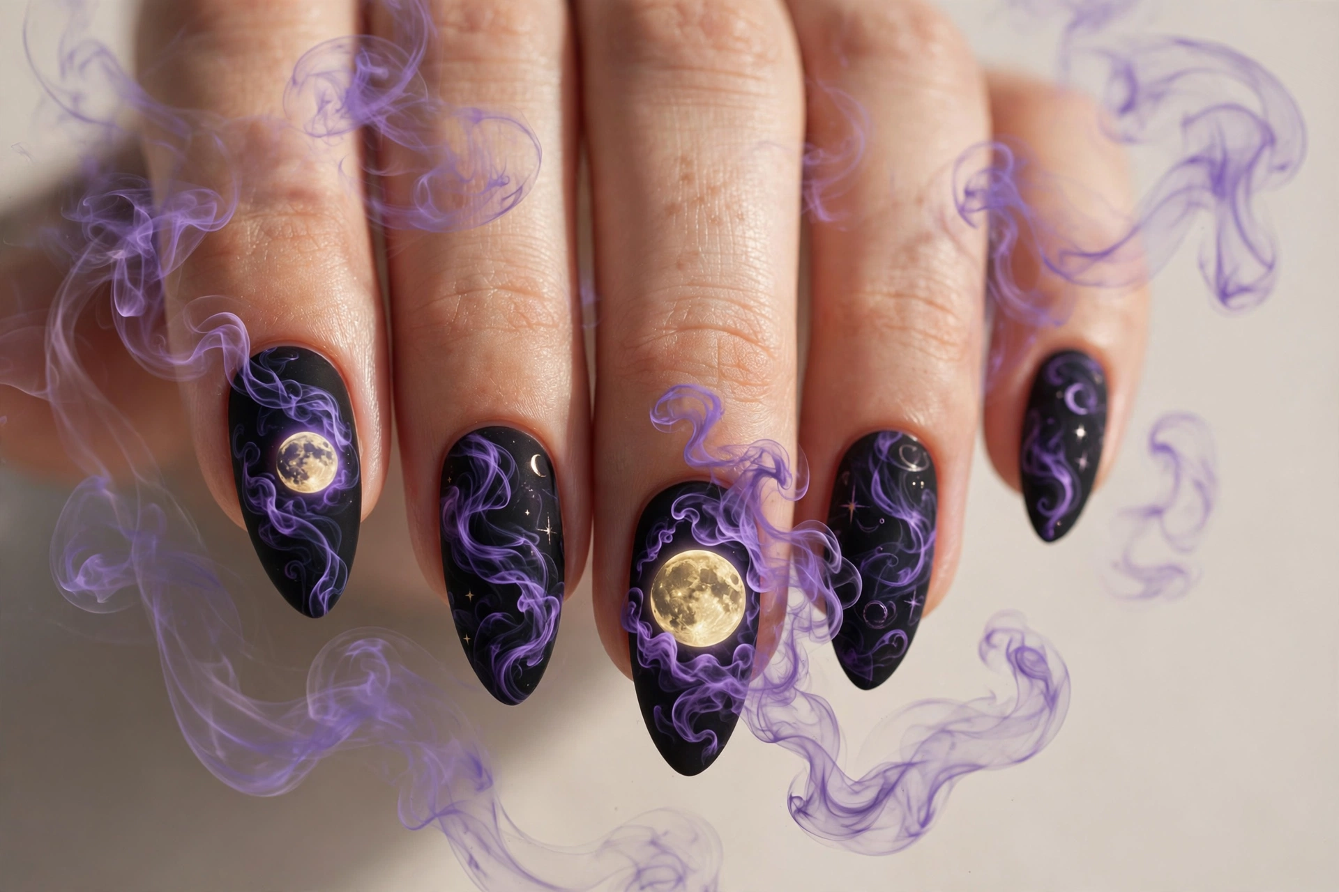 Violet smoke swirling around glowing moon on black nails