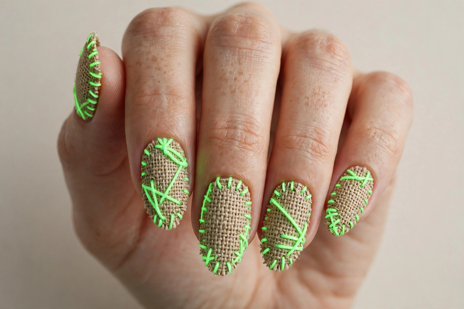 Burlap nails sewn with luminous neon green thread stitches