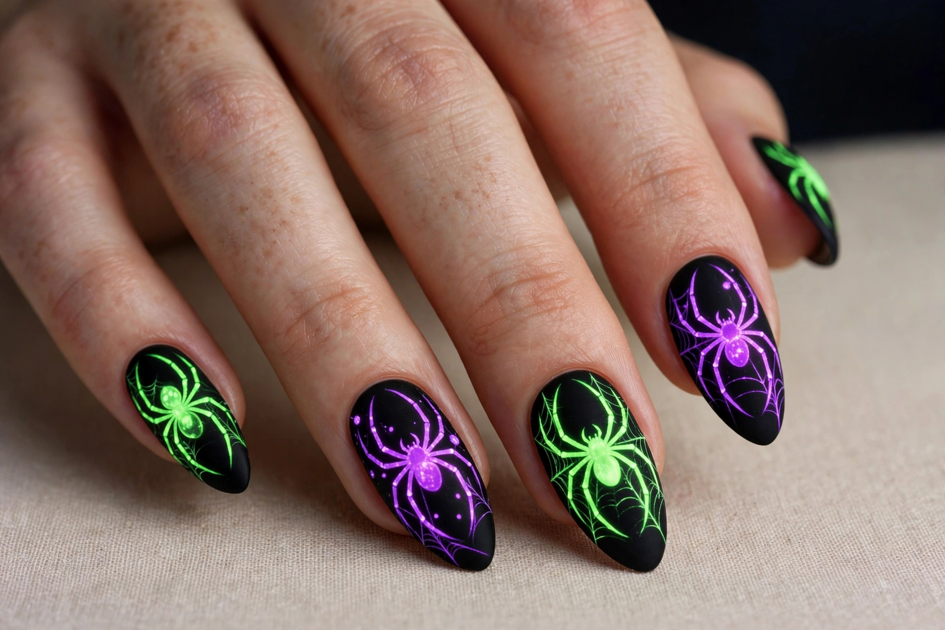 Neon green and purple spiders on black nails under blacklight effect