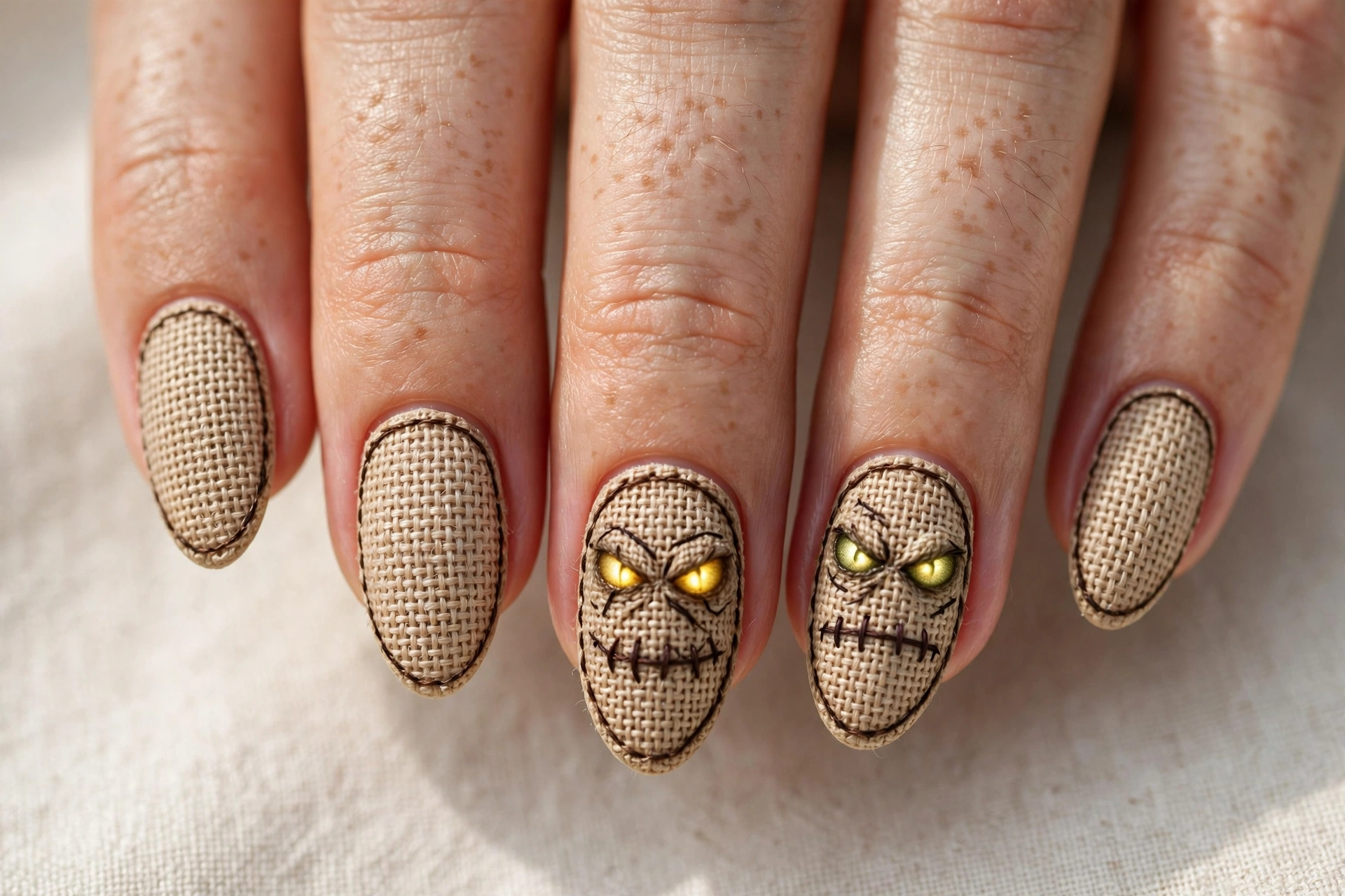 Stitched burlap sack face motifs with glowing eyes on accent nails