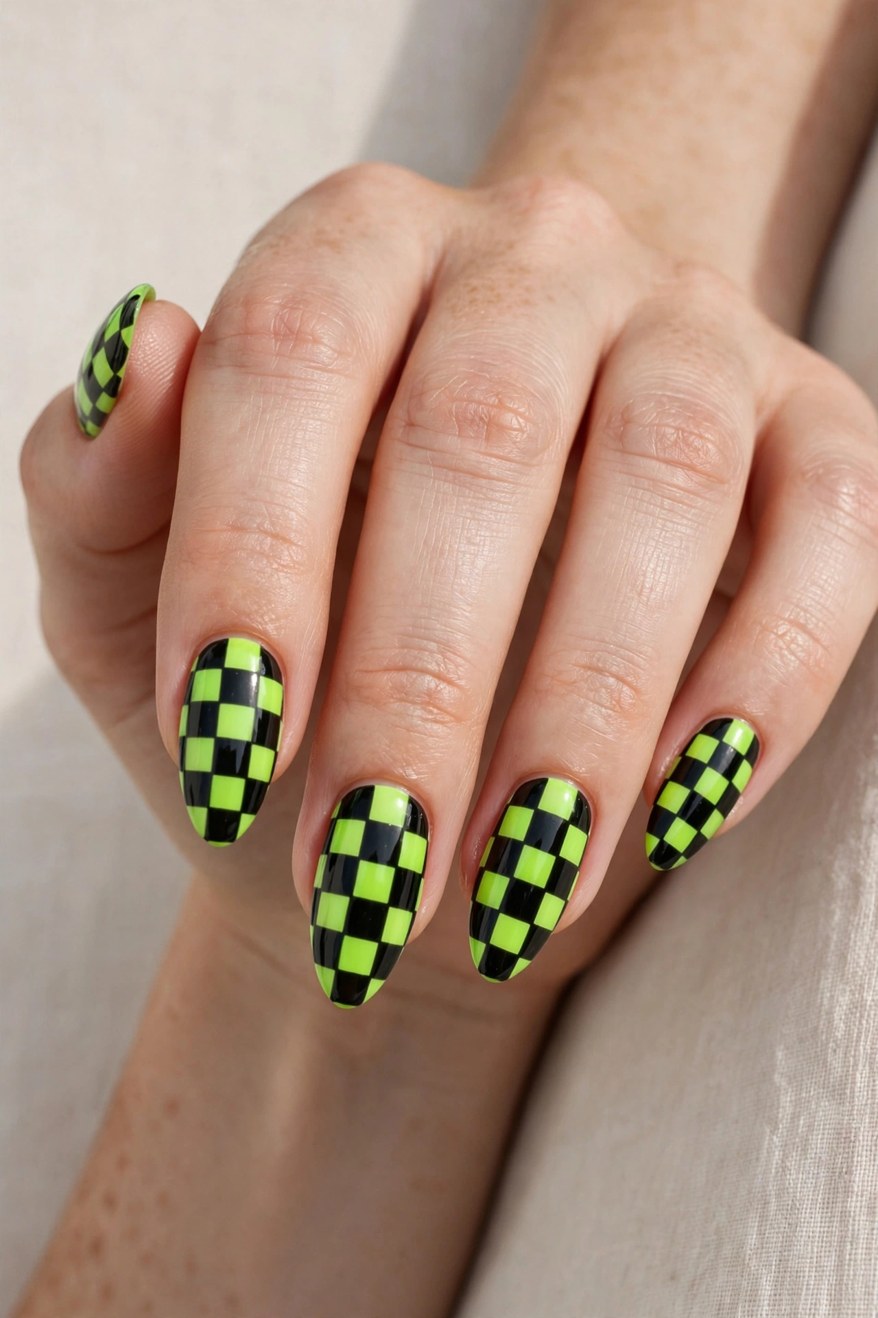 Bold checkerboard pattern in lime green and black on nails