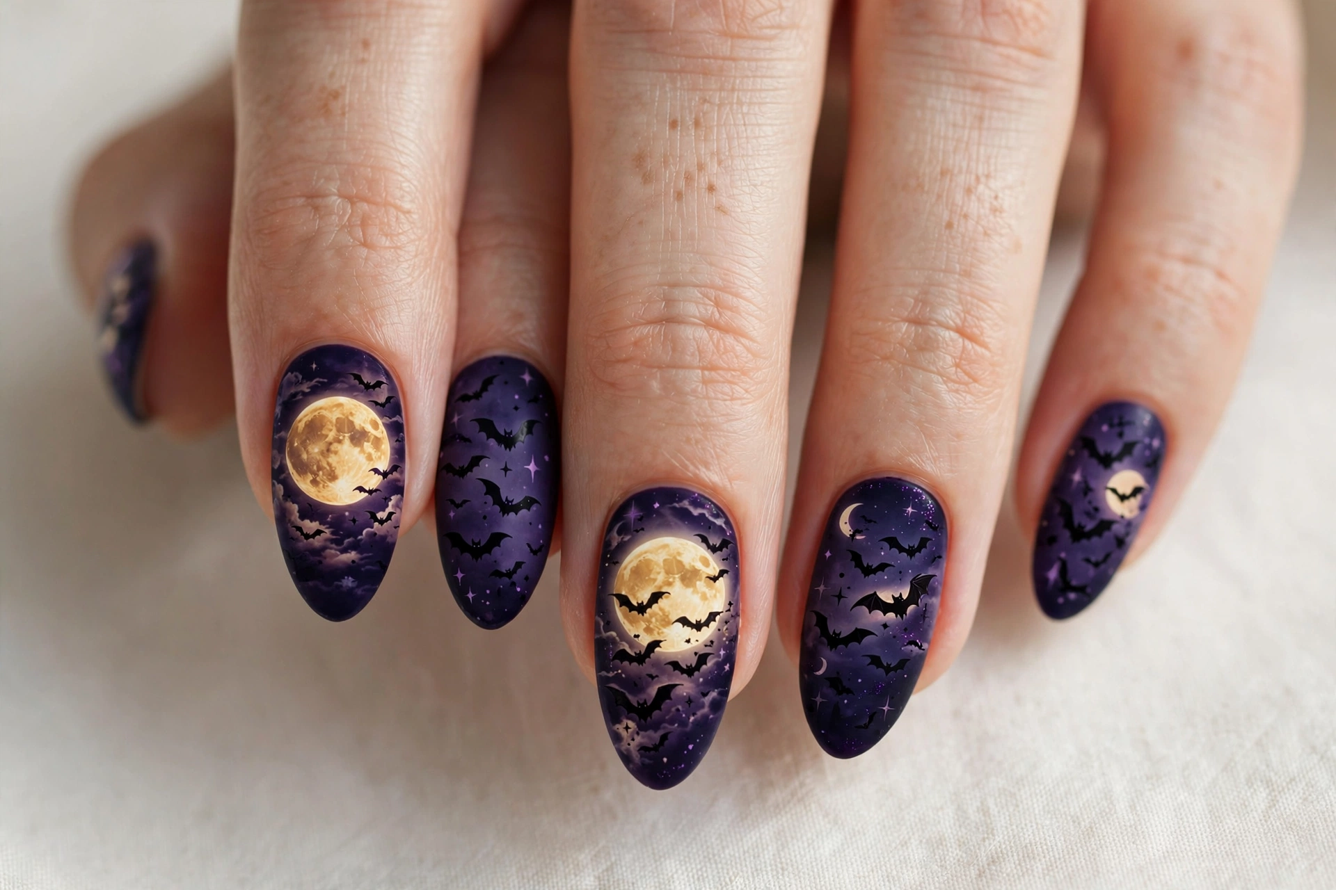 Bat silhouettes flying across glowing harvest moon on purple nails