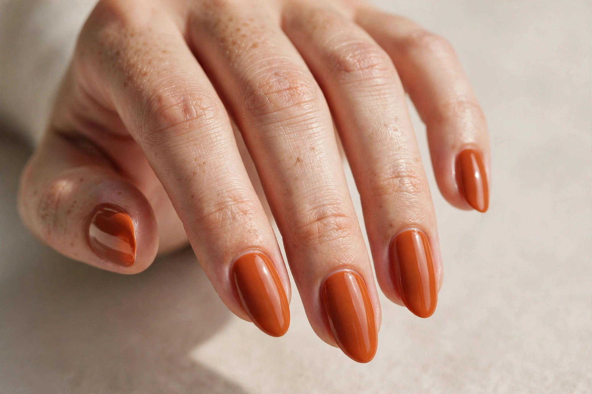 Close-up of burnt orange crème manicure on almond nails