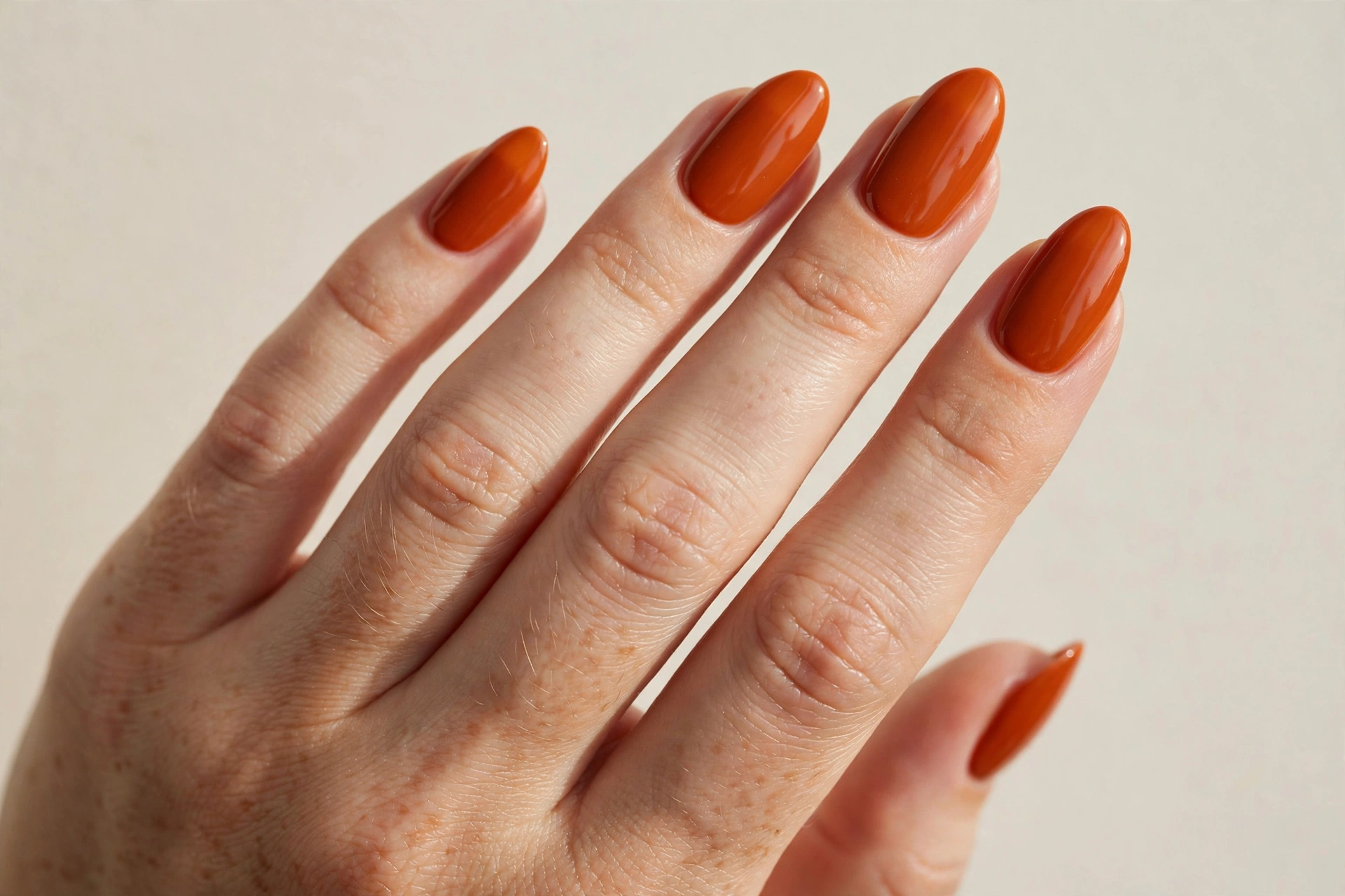 Glossy solid burnt orange nails on almond shaped hand