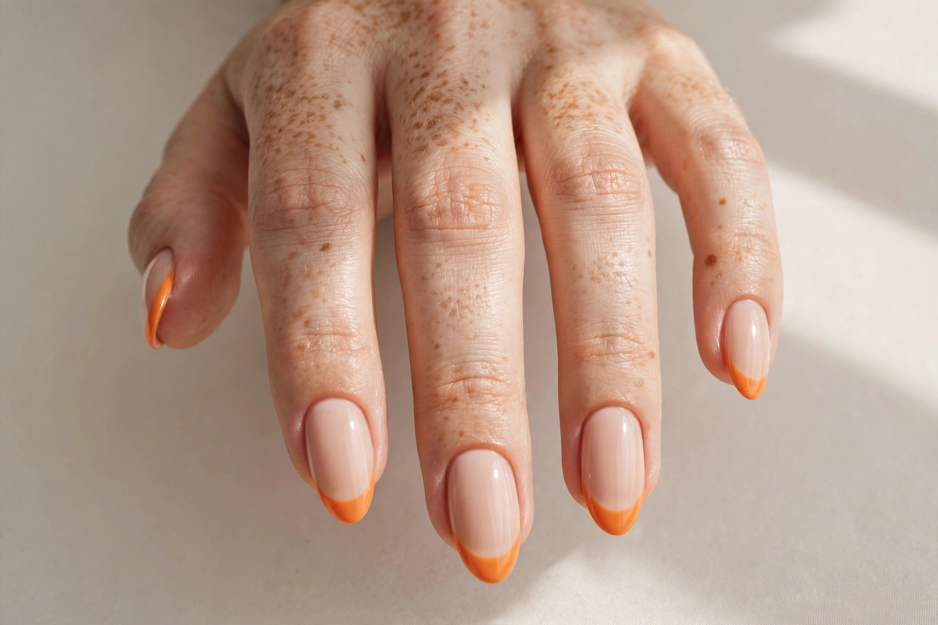 French tip manicure with orange tips on a nude nail base