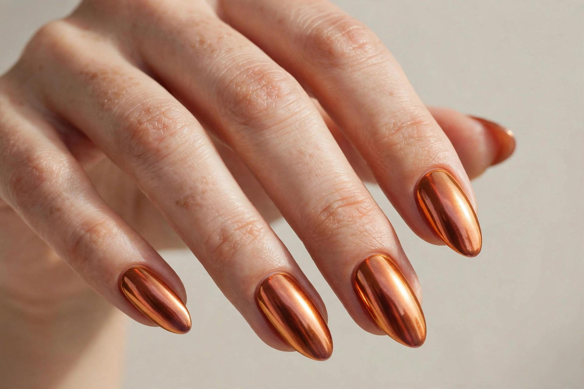 Tangerine orange chrome powder manicure with mirror shine