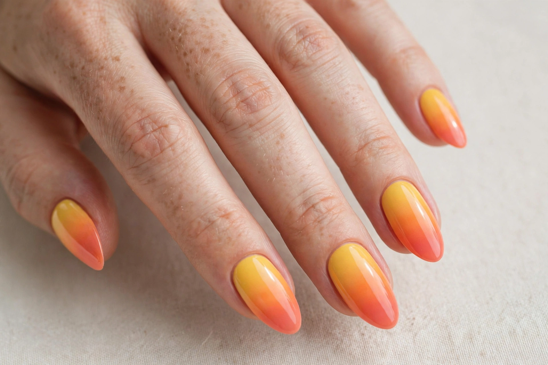 Sunset ombré nails fading from deep red through orange to yellow