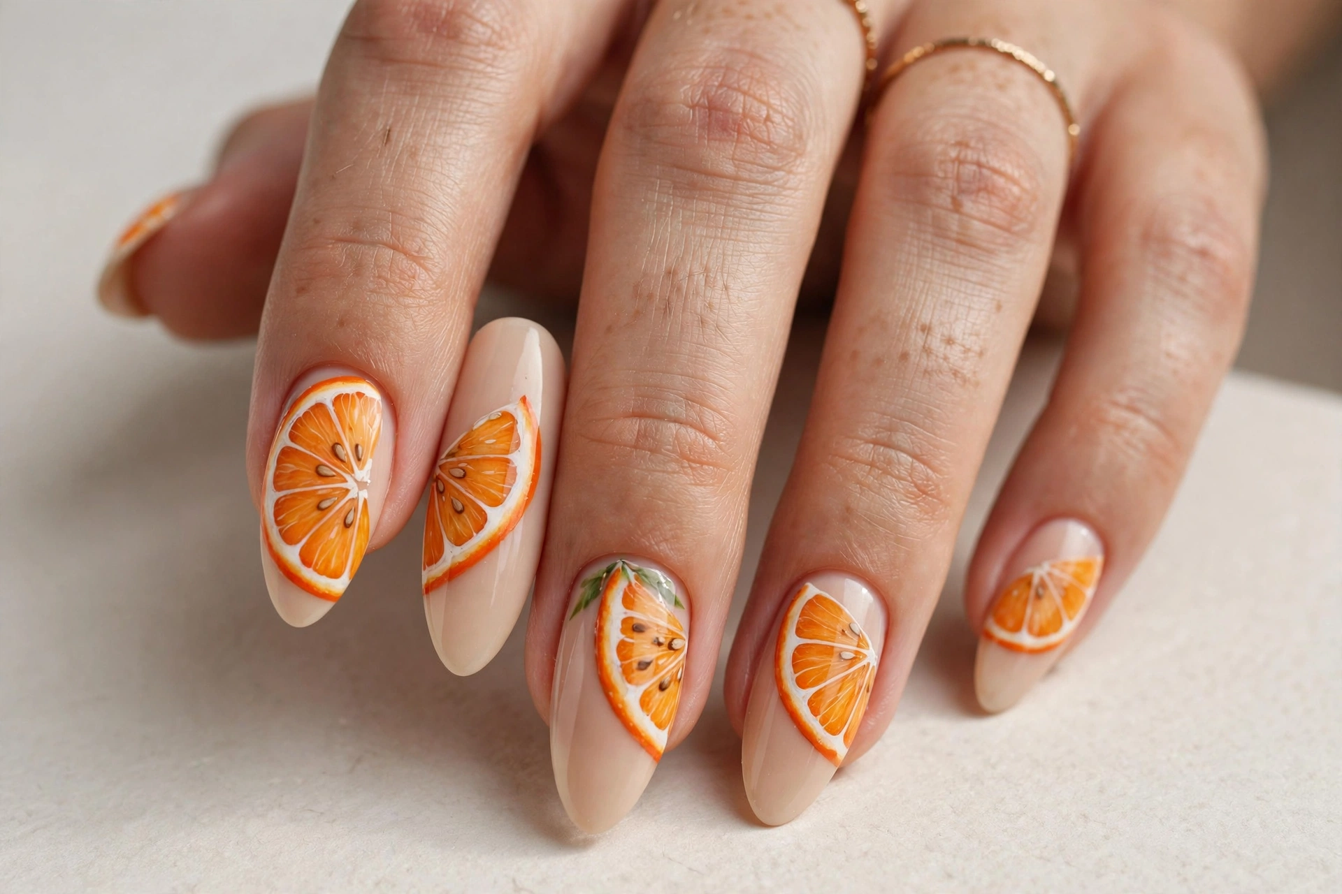Hand-painted orange citrus slice nail art on nude nails