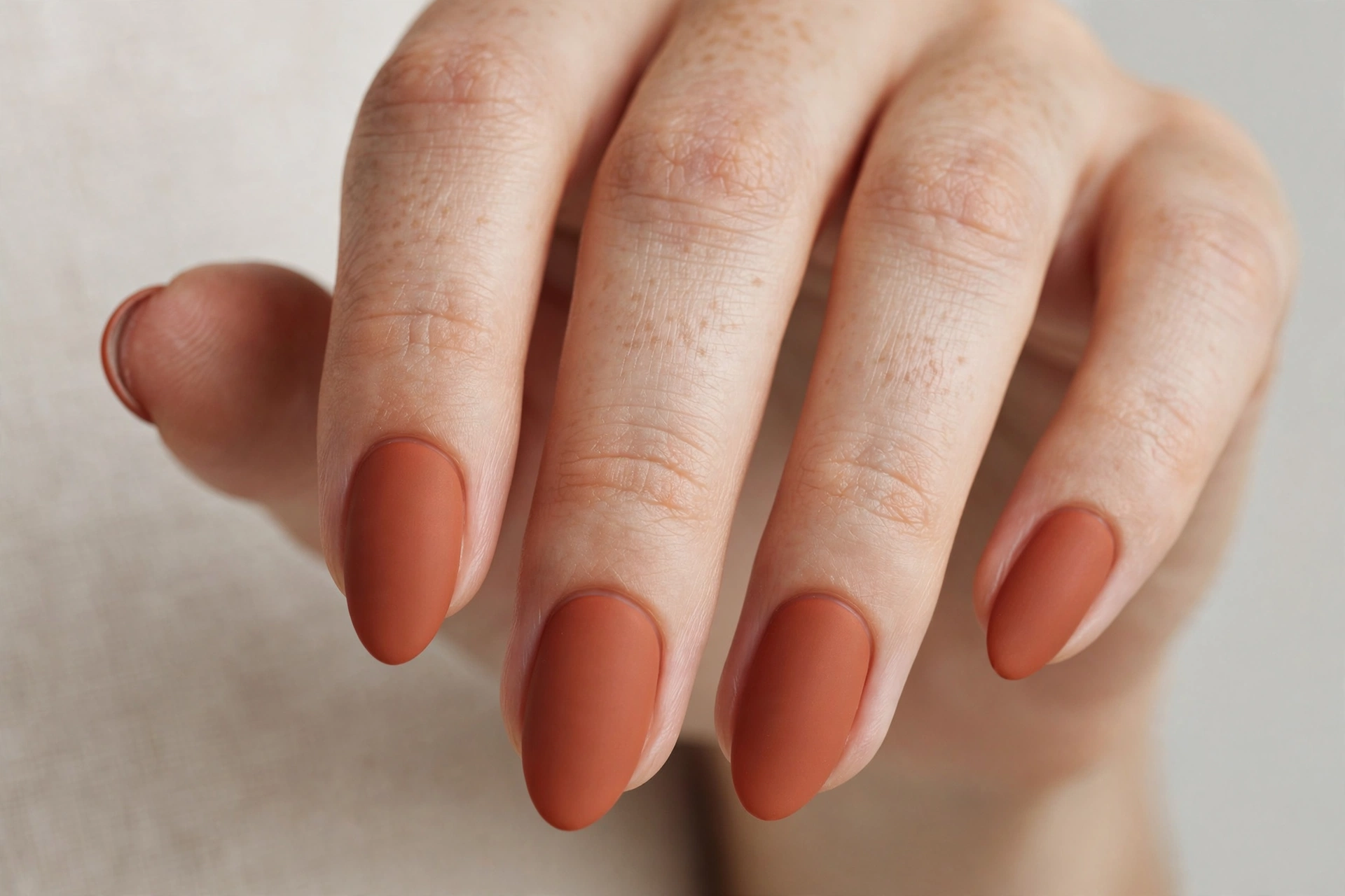 Matte terracotta orange nails with a velvety non-shine finish