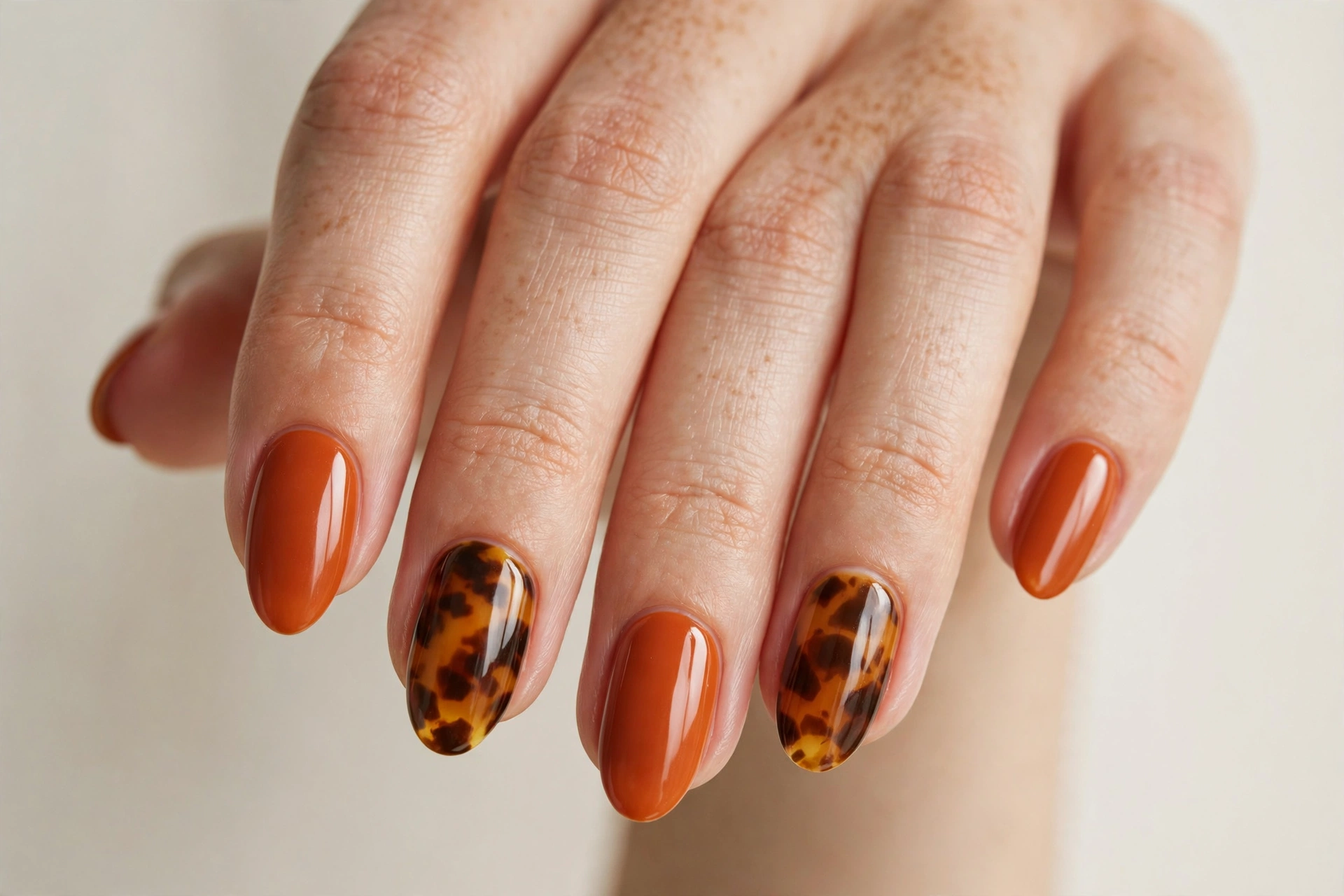 Tortoise shell nail art with burnt orange solid nails