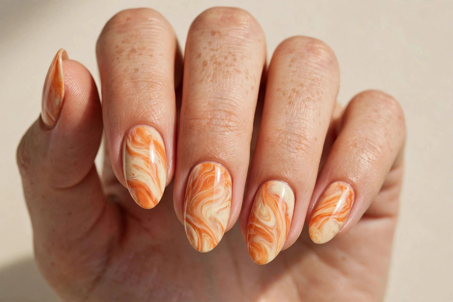 Orange and white marble swirl nail art with fluid stone patterns