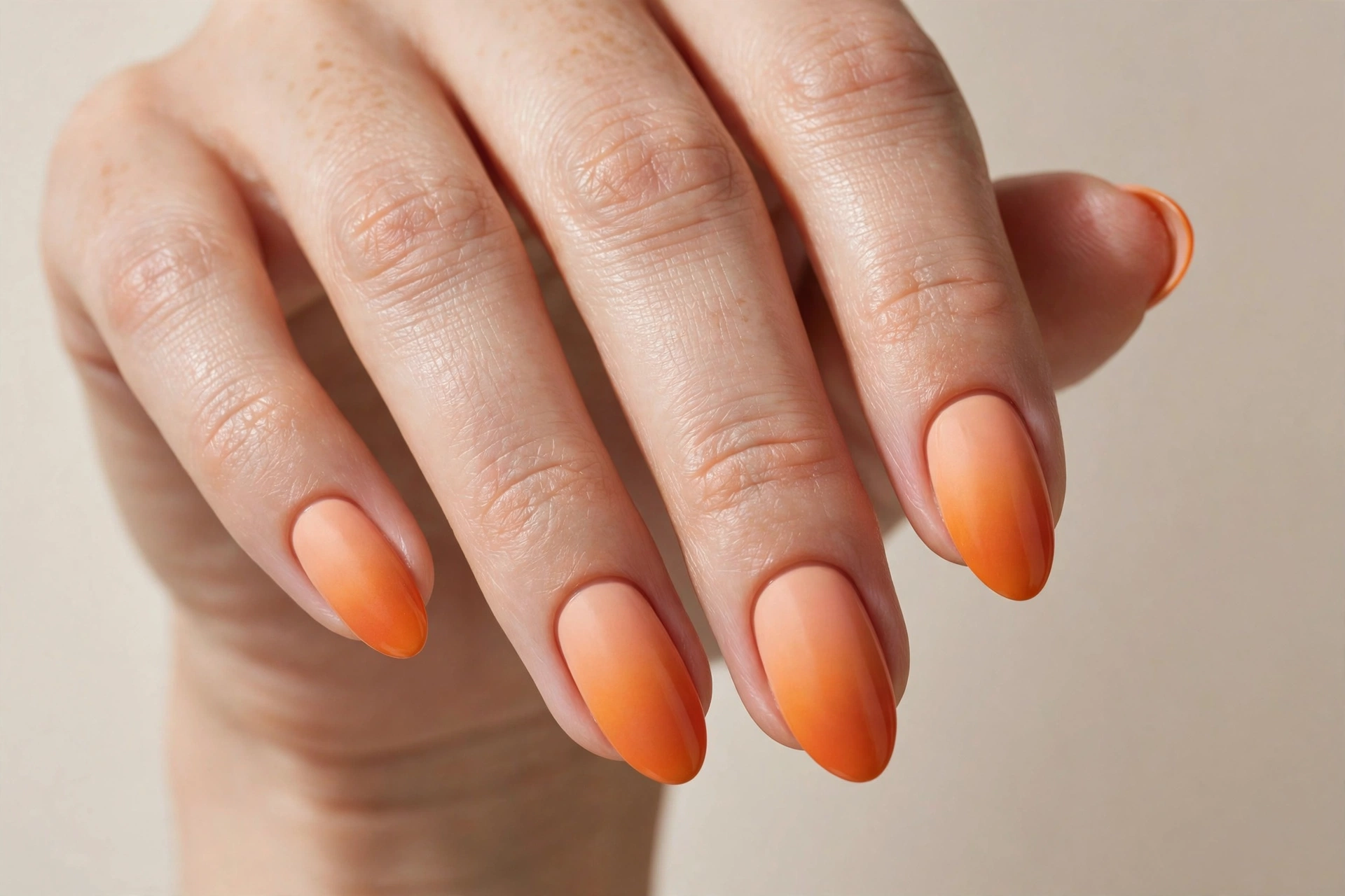 Orange ombre gradient nails fading from peach to deep orange