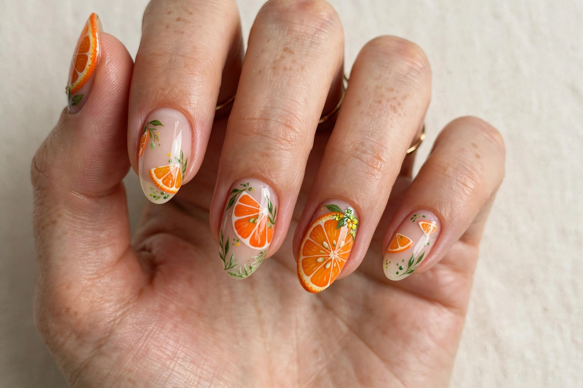 Hand-painted citrus slice nail art with orange wedges on a clear base