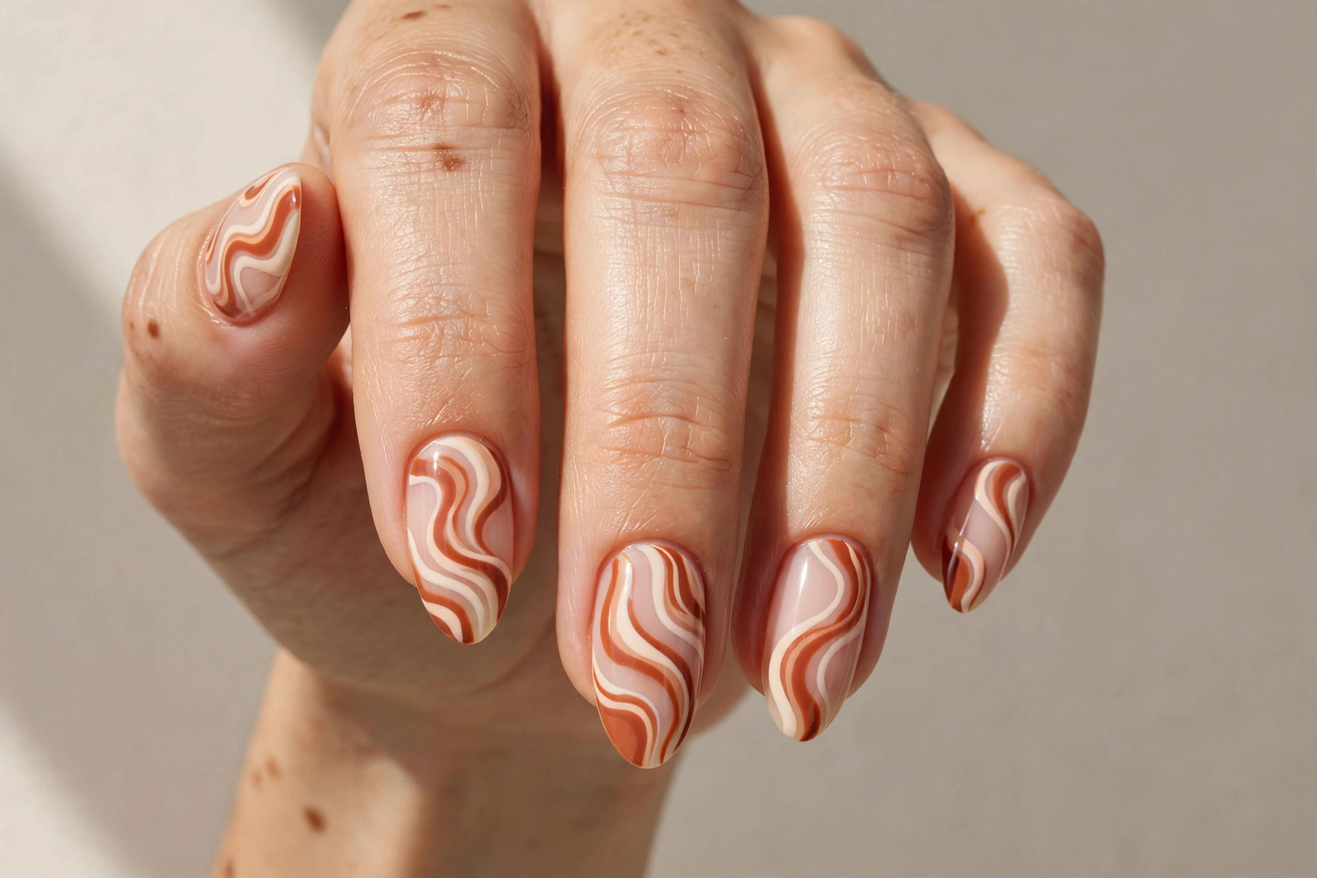 Terracotta and cream swirl nail art on nude base