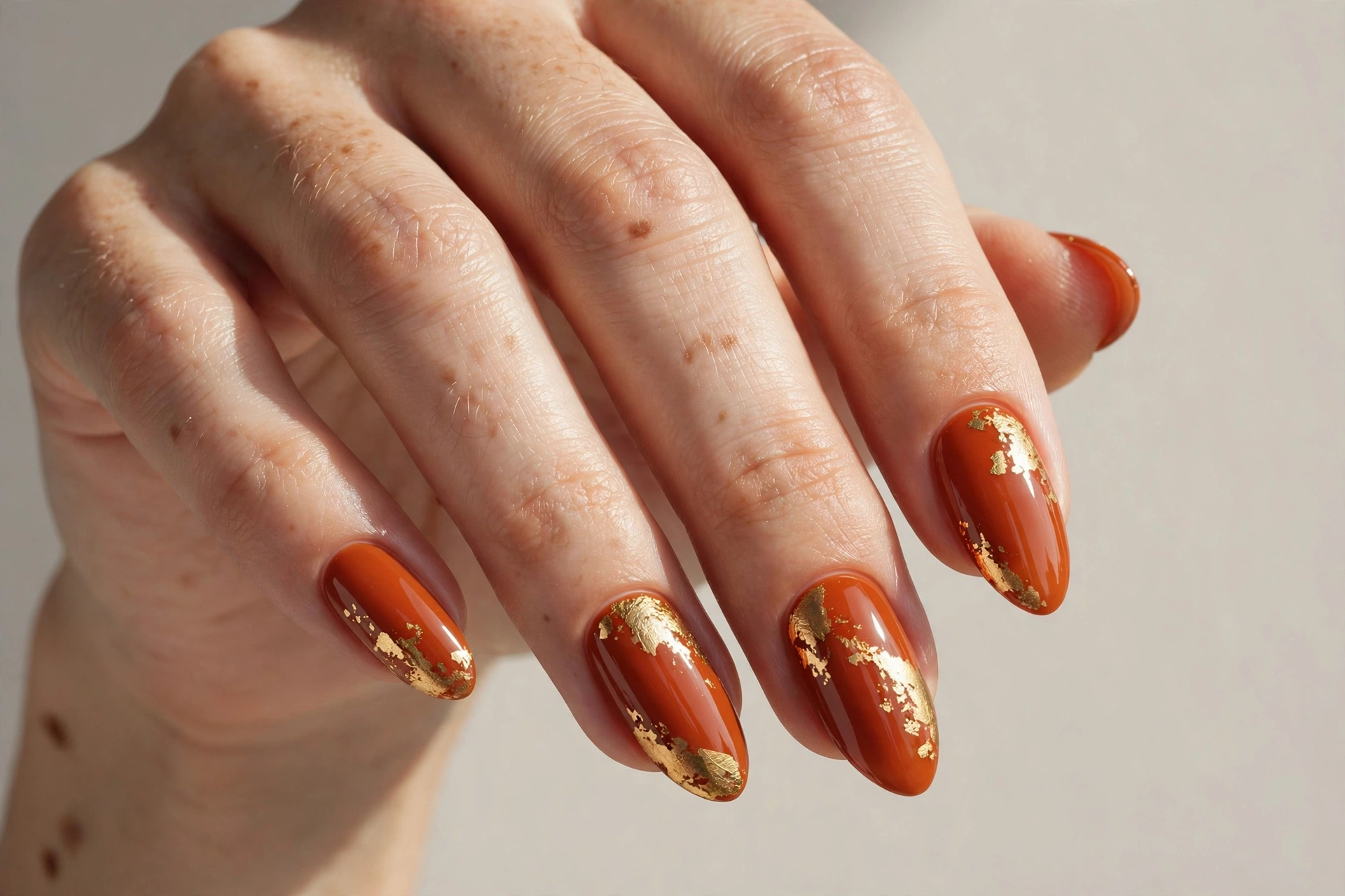 Burnt orange nails with gold foil accents catching the light