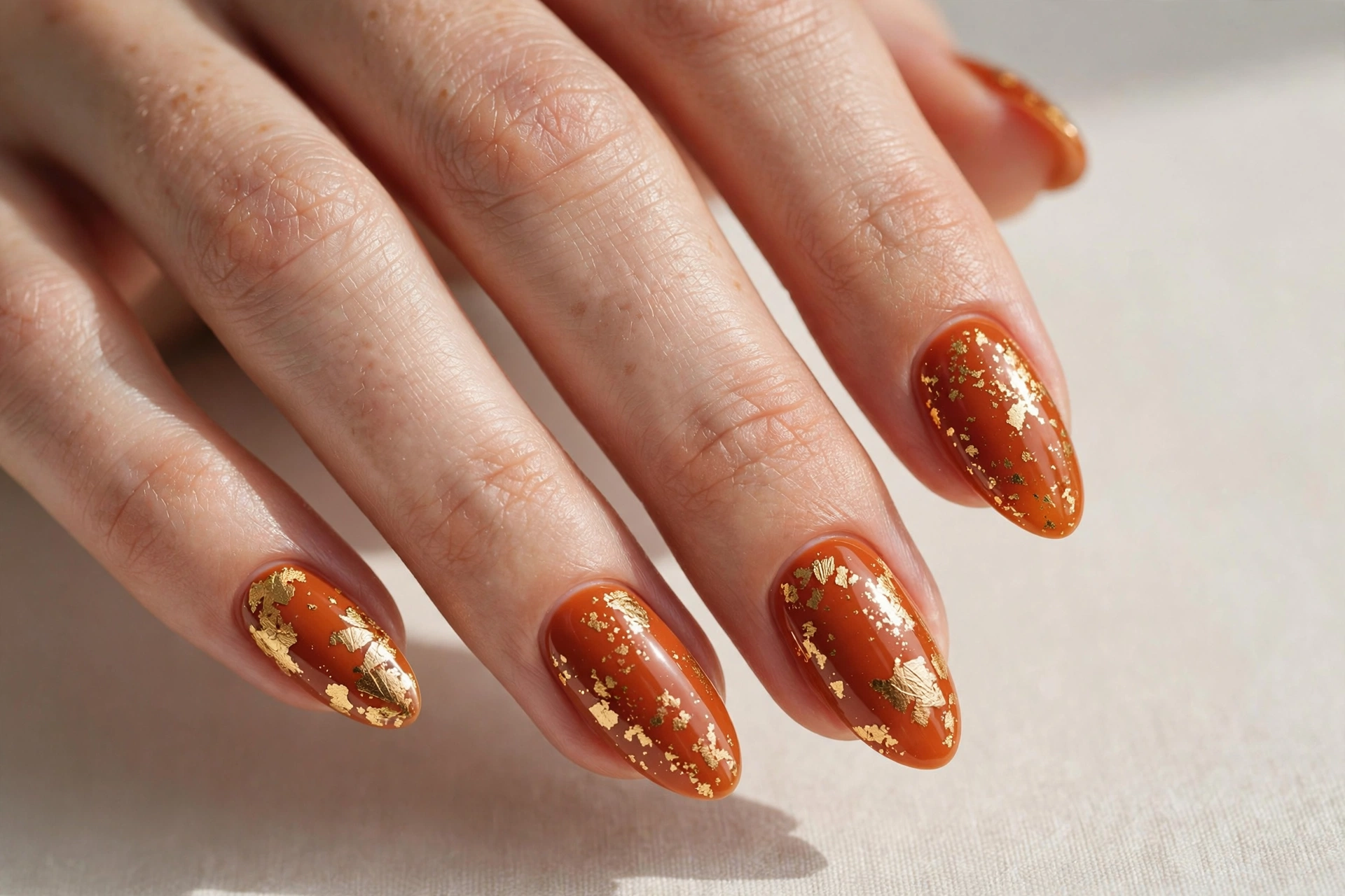 Burnt orange nails with delicate gold foil flakes