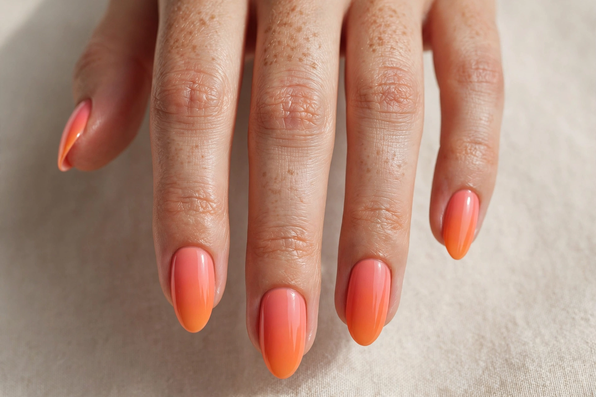 Soft coral to warm orange gradient manicure