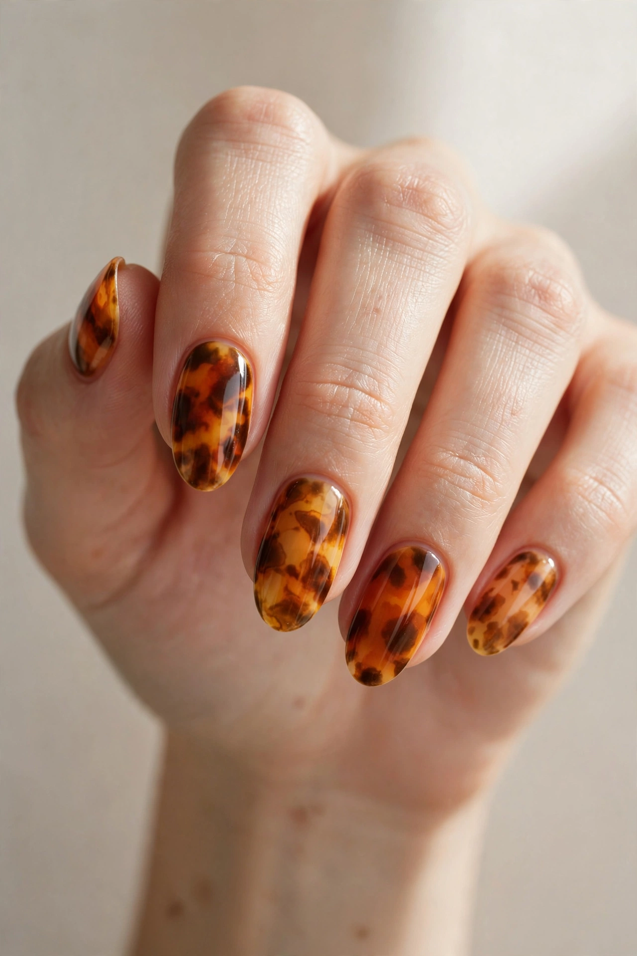 Tortoiseshell pattern nails in amber, orange, and brown tones