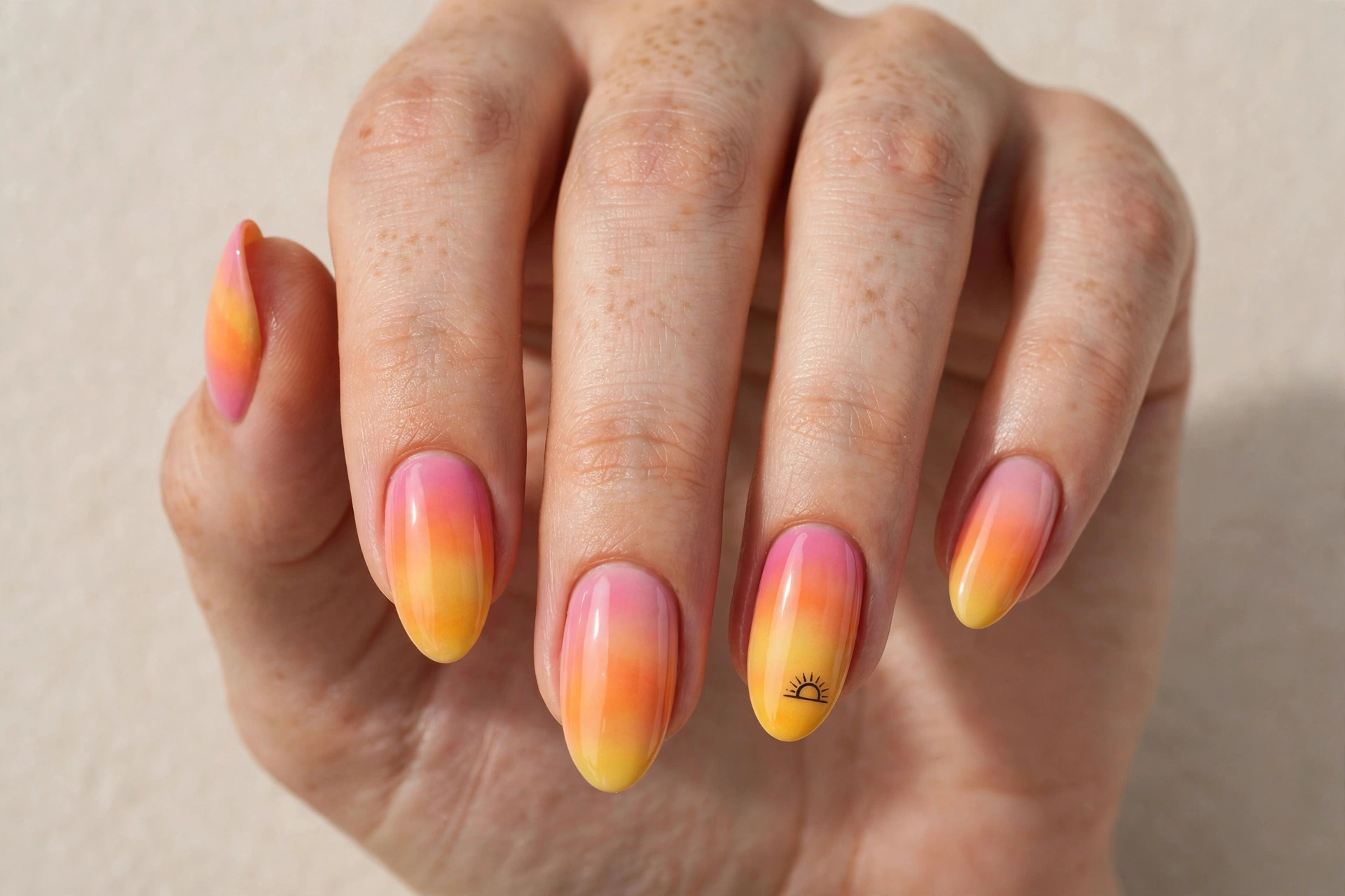 Sunset nail art with pink orange yellow gradient and sun silhouette