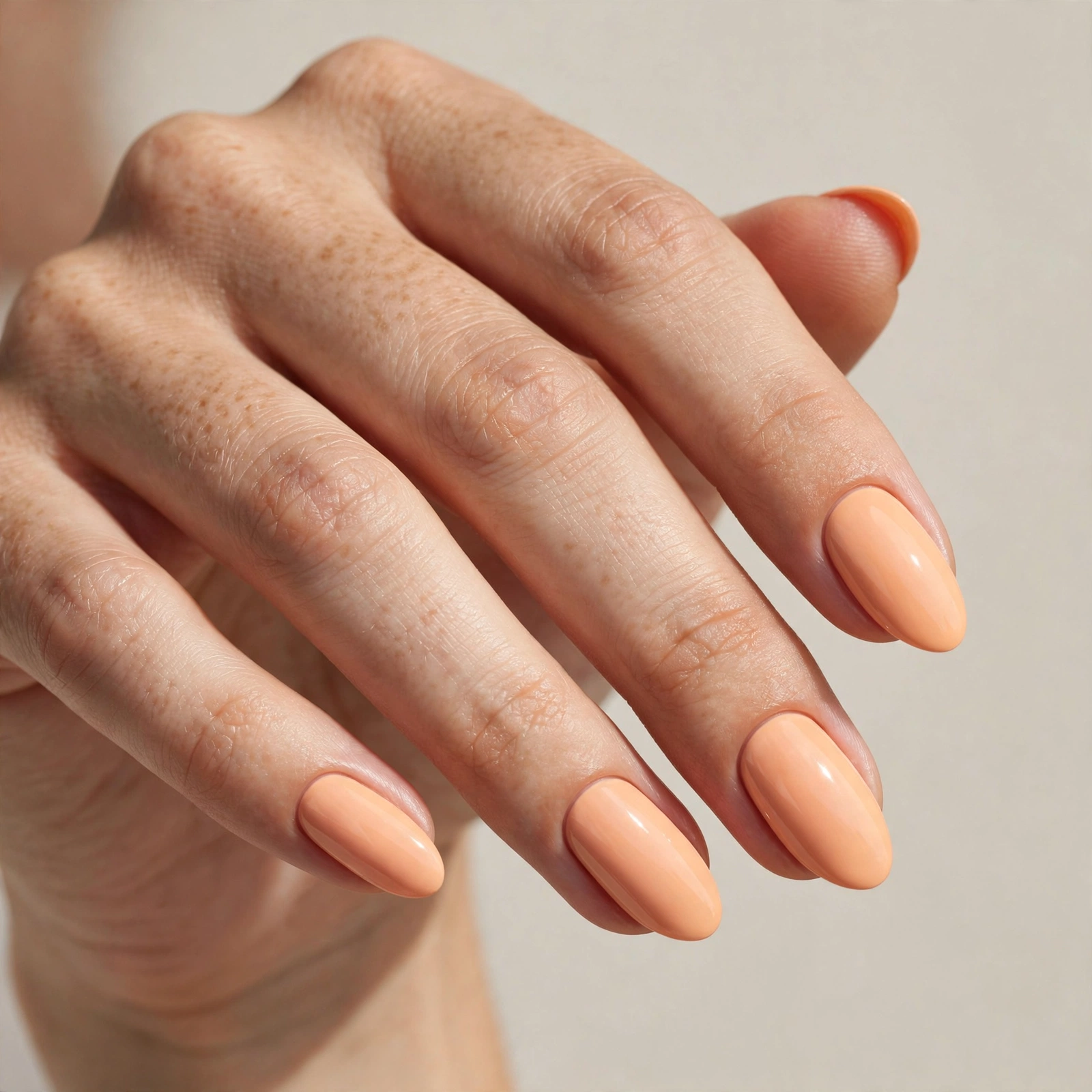 Soft apricot nude manicure with a sheer peachy finish