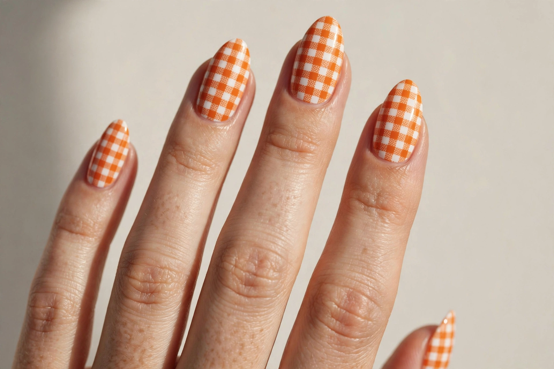 Orange and white gingham check nail art