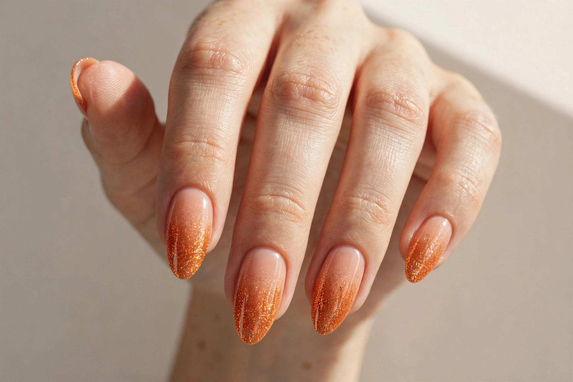 Orange glitter ombré nails fading from solid orange to sparkling tips