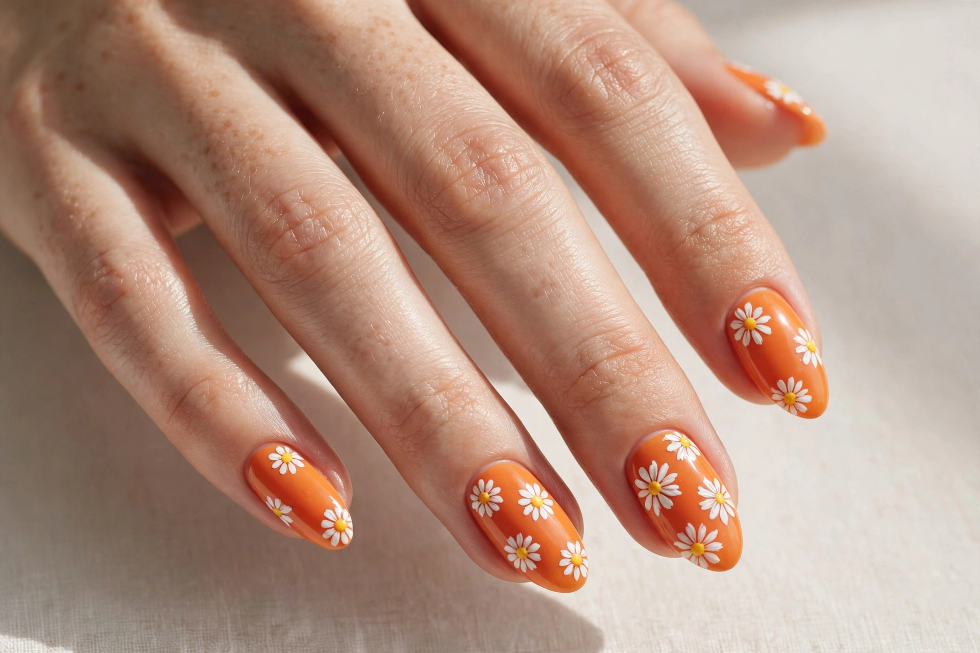 White daisies with yellow centers on orange nail base