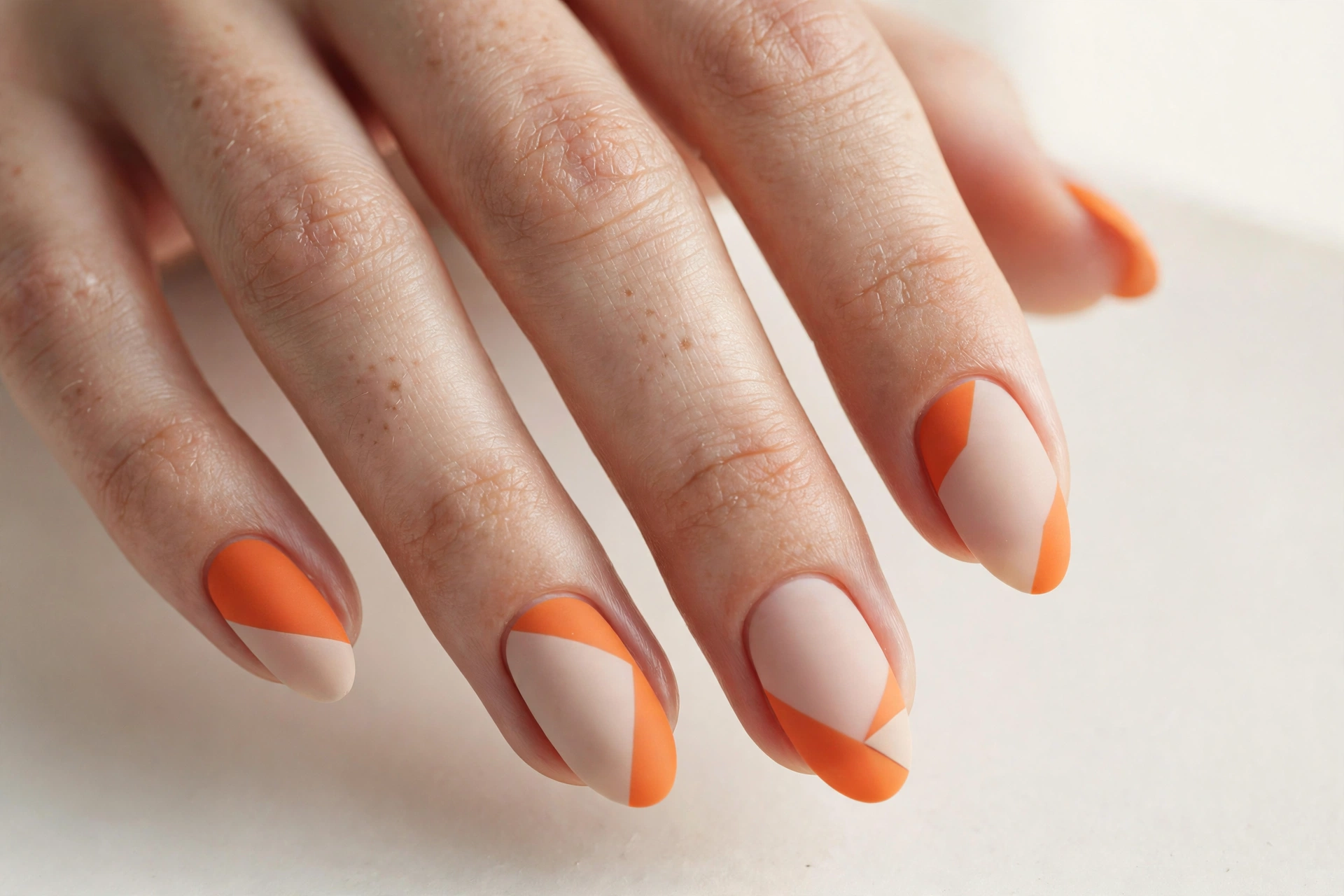 Geometric color-block nail art with orange and neutral shapes