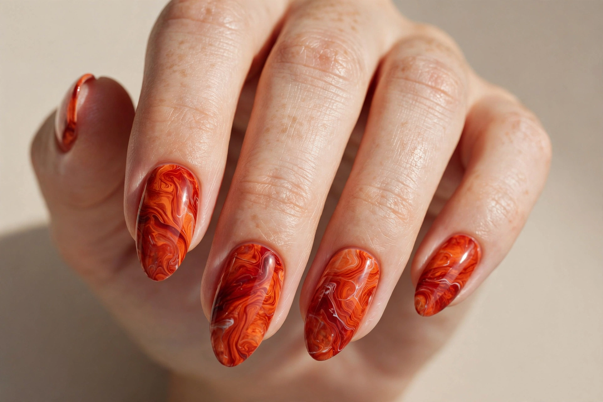 Deep orange and red marble swirl nail art