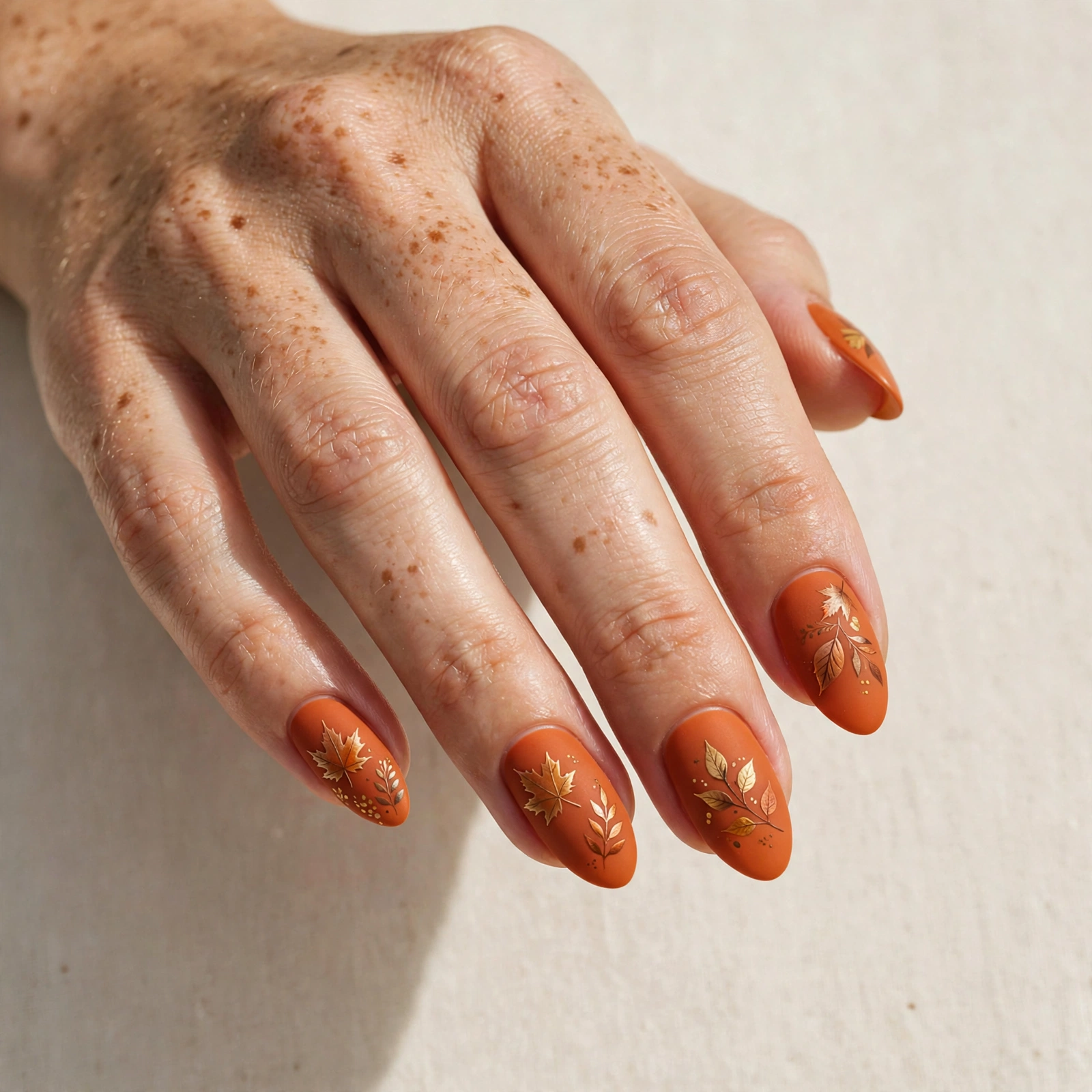 Burnt orange nail art with hand-painted autumn leaves