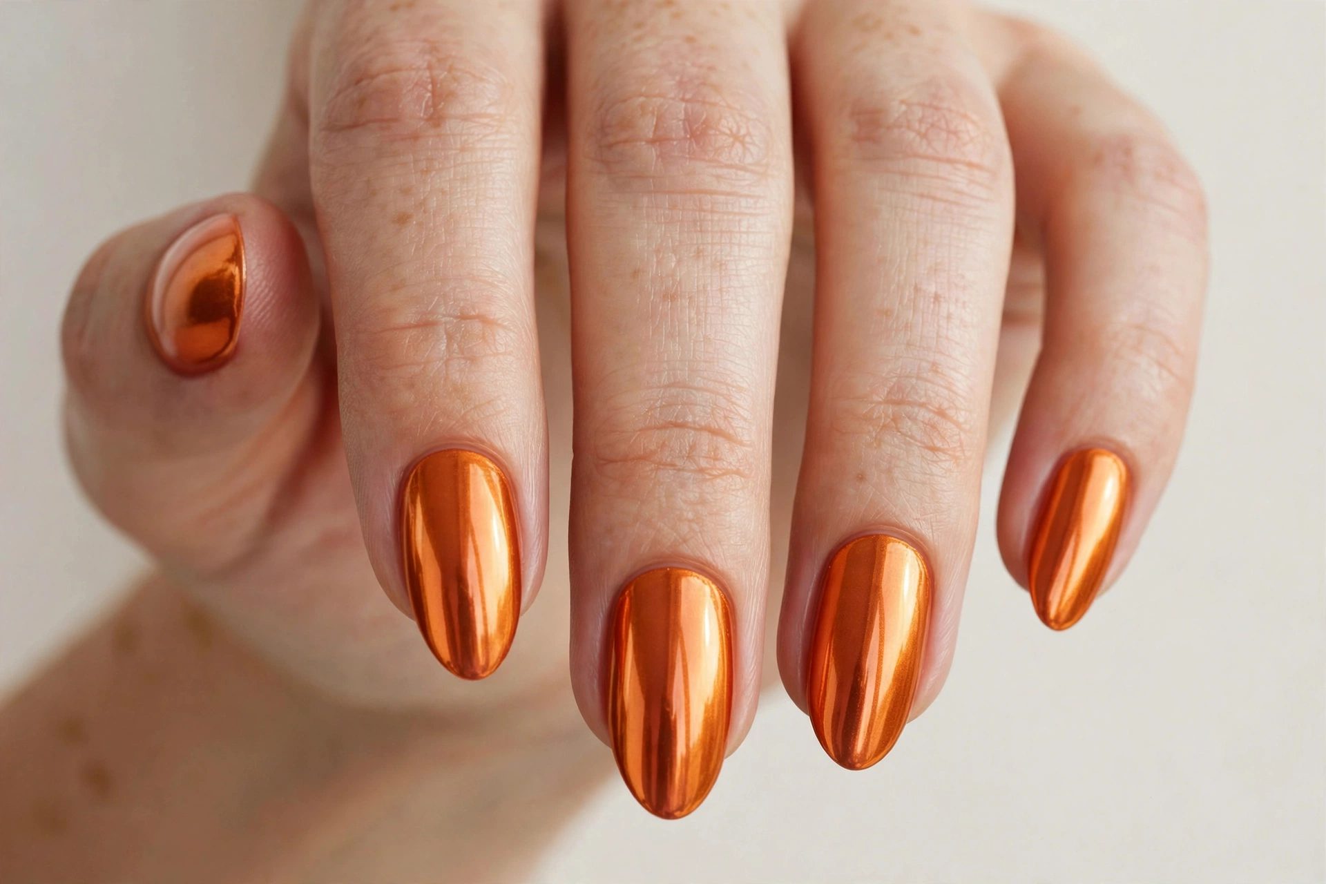 Metallic reflective orange chrome manicure