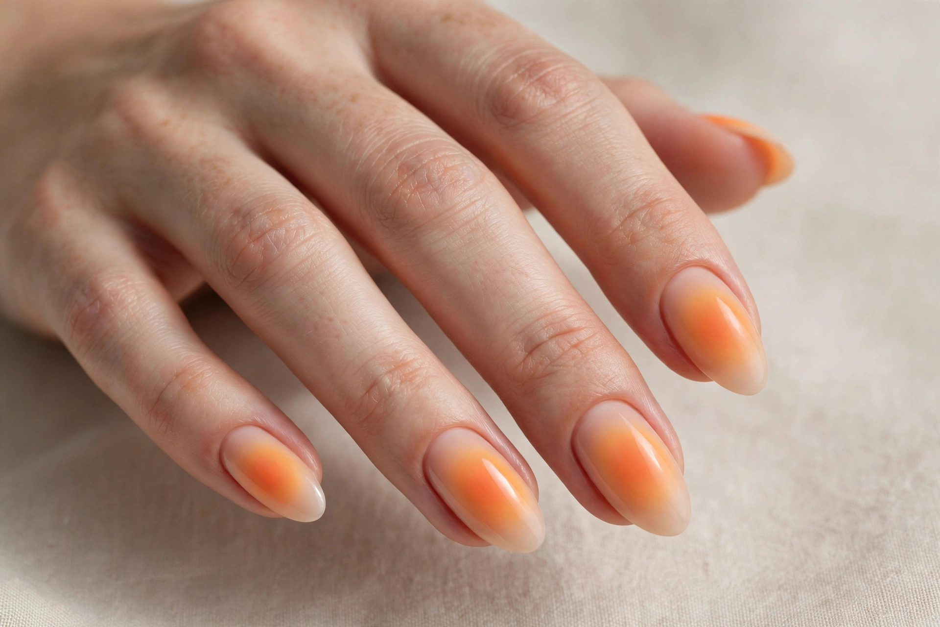 Orange aura nails with a soft glowing center fading outward