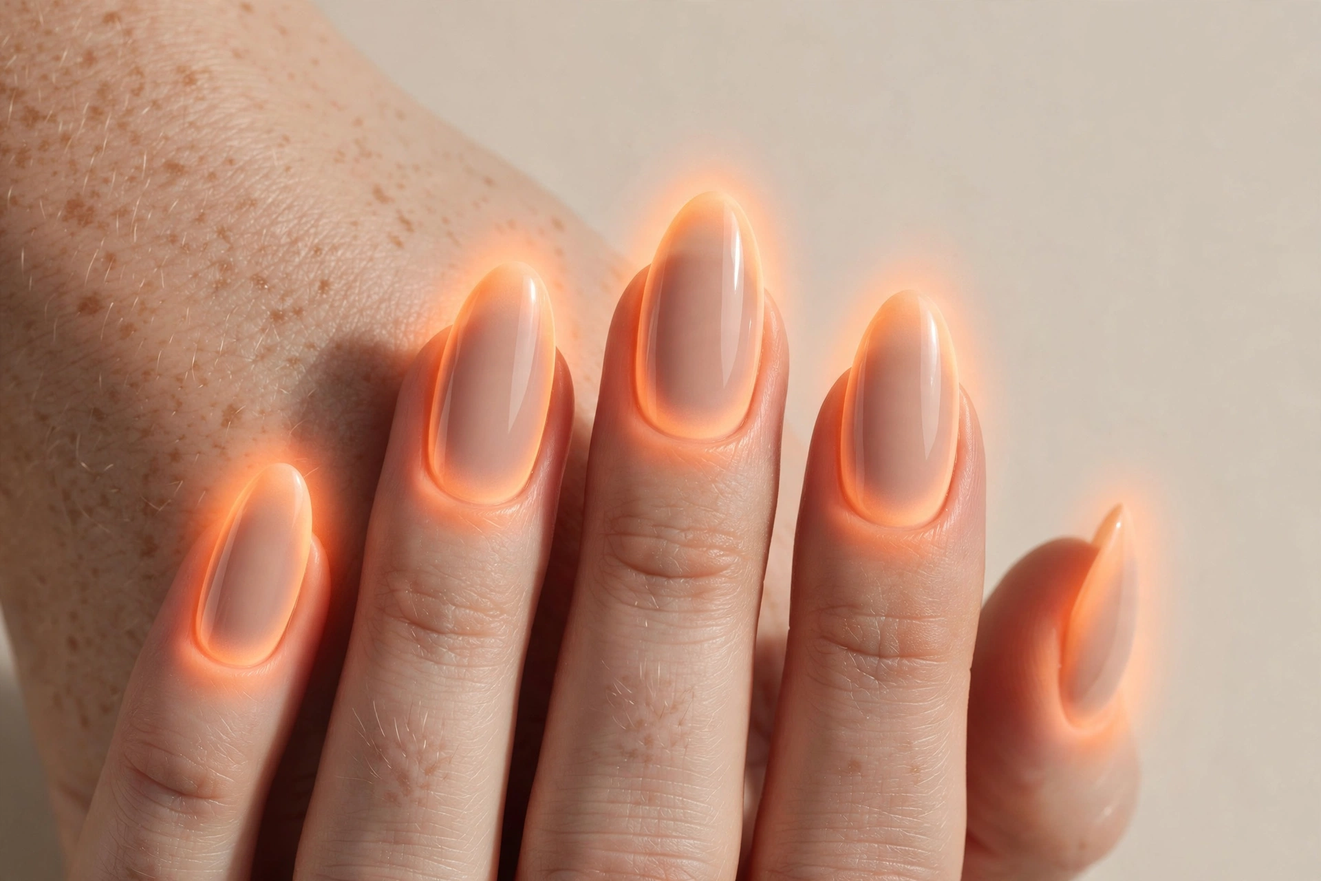 Soft glowing peachy orange aura nails on nude base