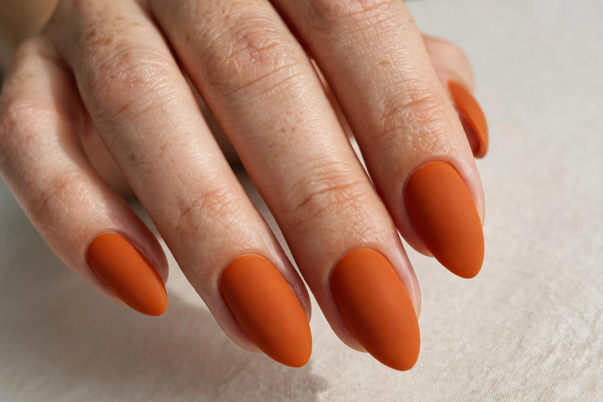 Velvety matte burnt orange pumpkin spice manicure