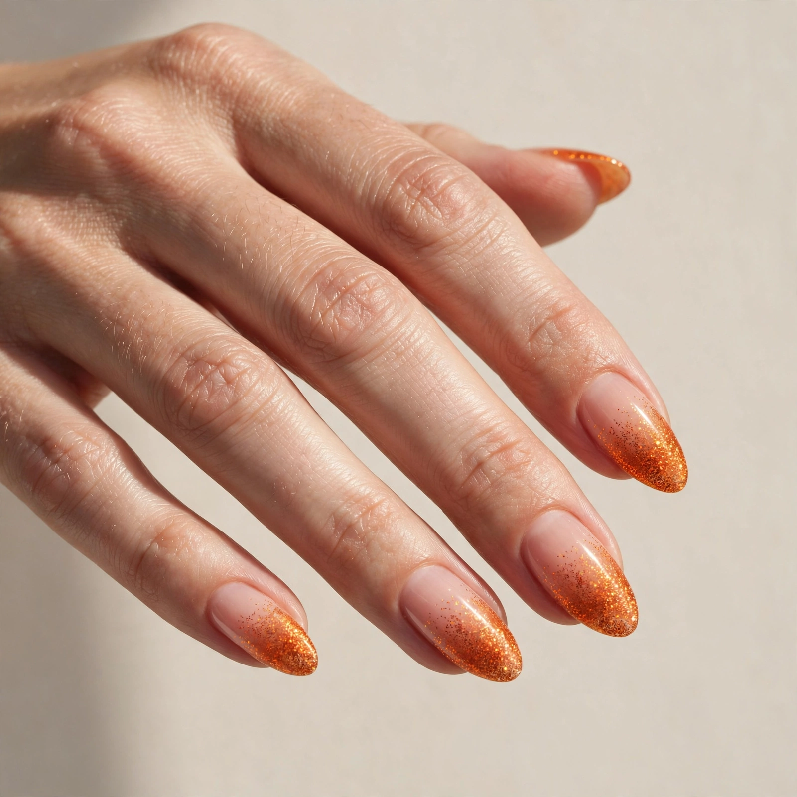Nude nails with orange glitter fading from the tips