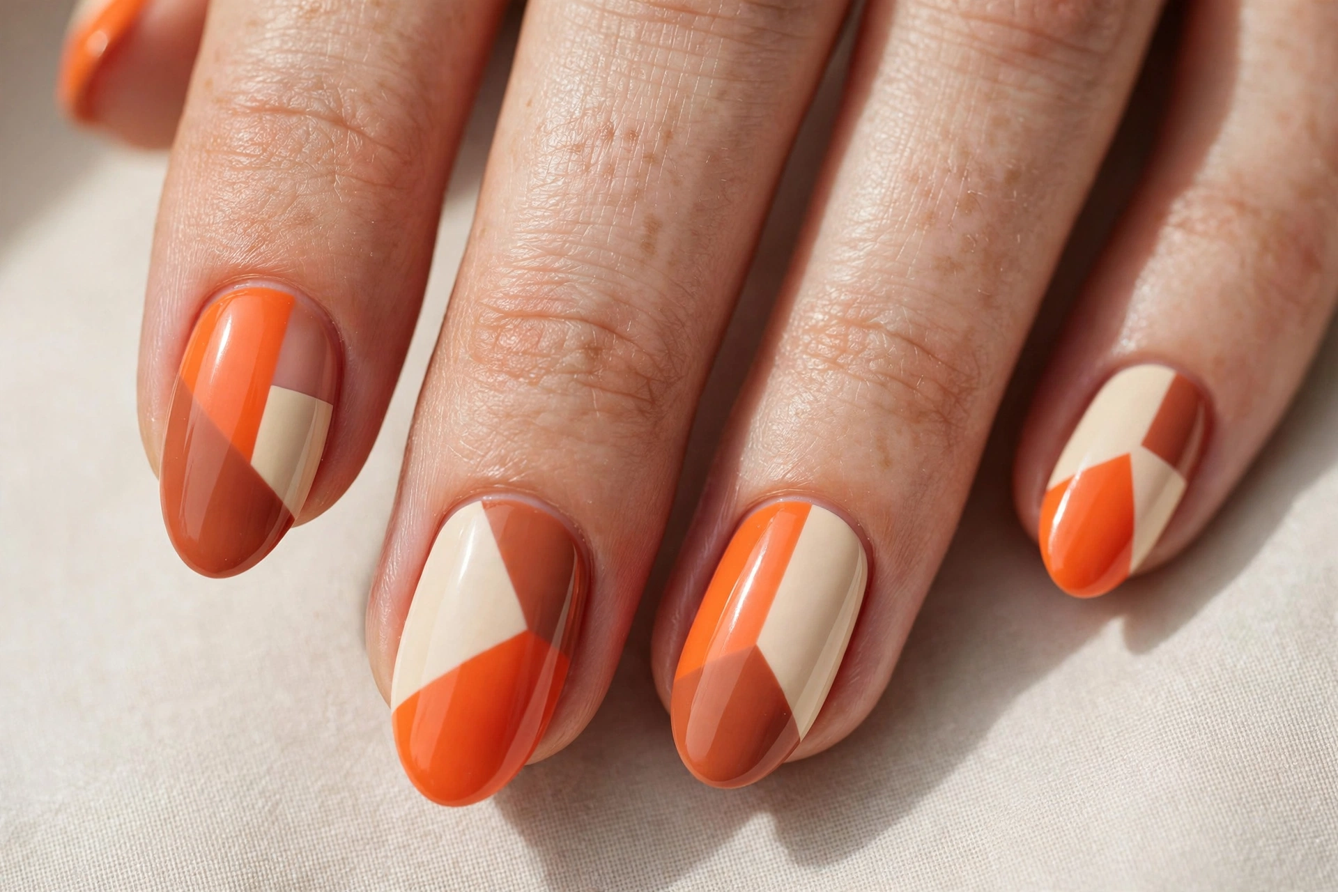 Geometric color block nail art in orange cream and terracotta