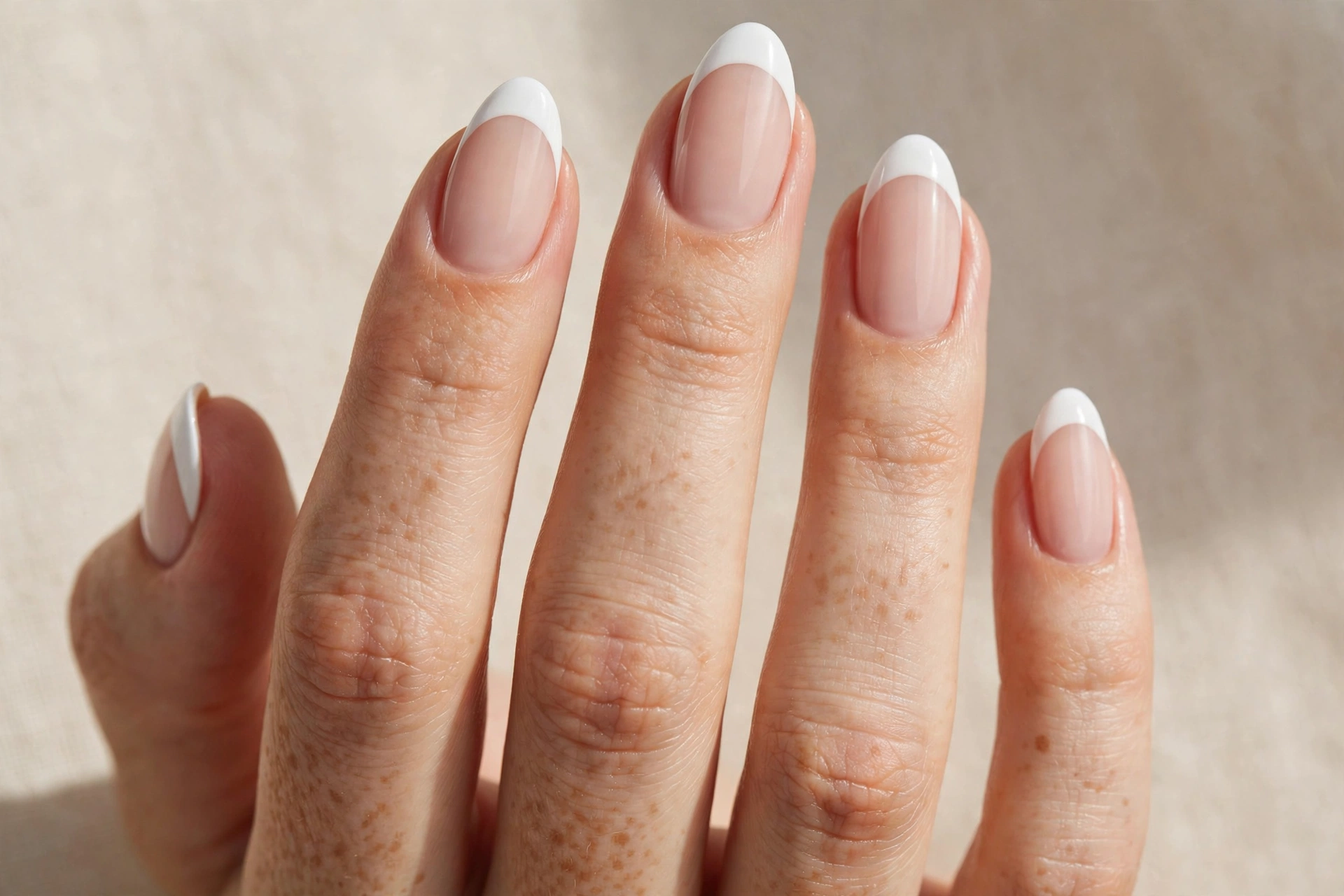 Close-up of classic white French tip manicure on oval shaped nails