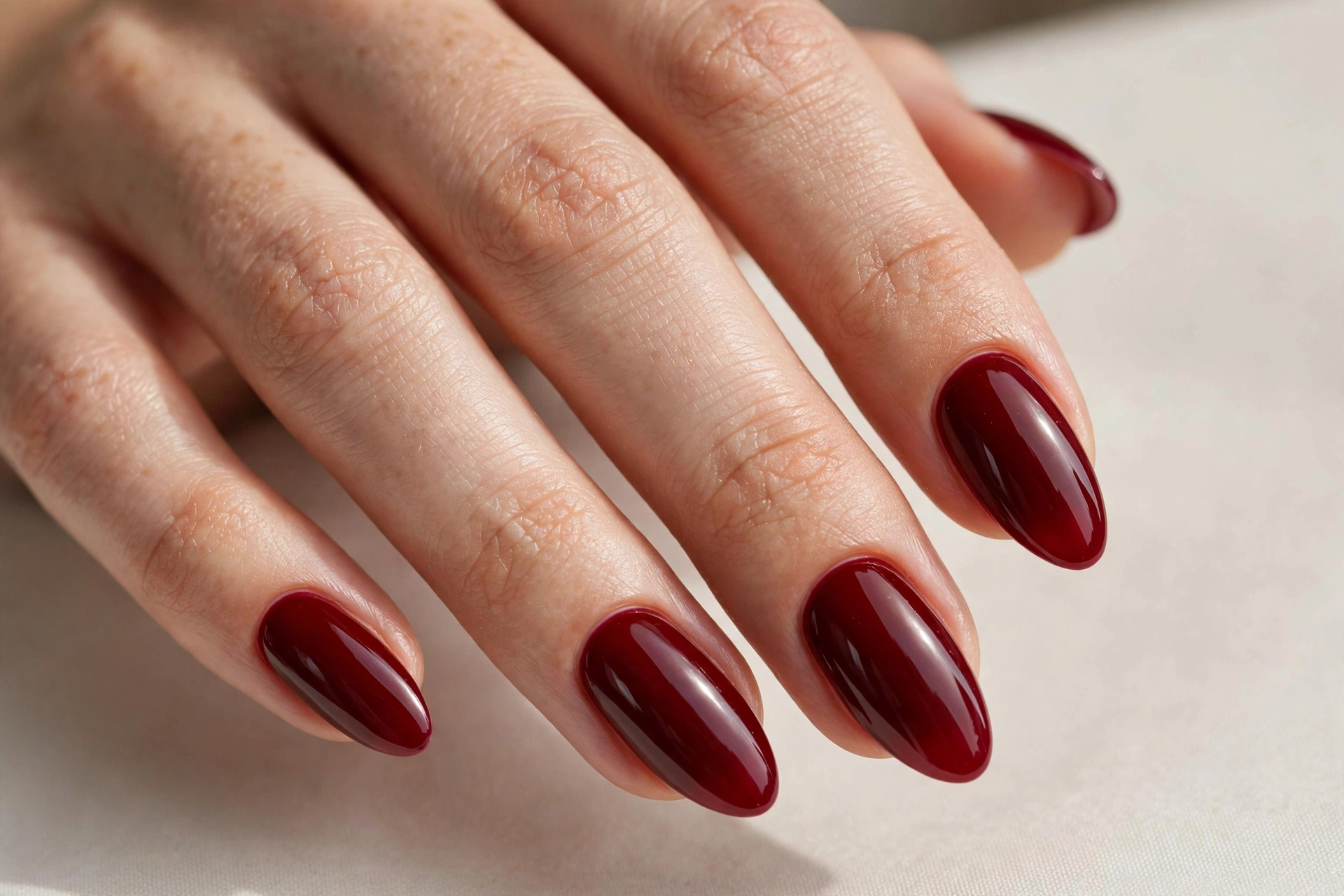 Close-up of deep cherry red glossy manicure on oval shaped nails