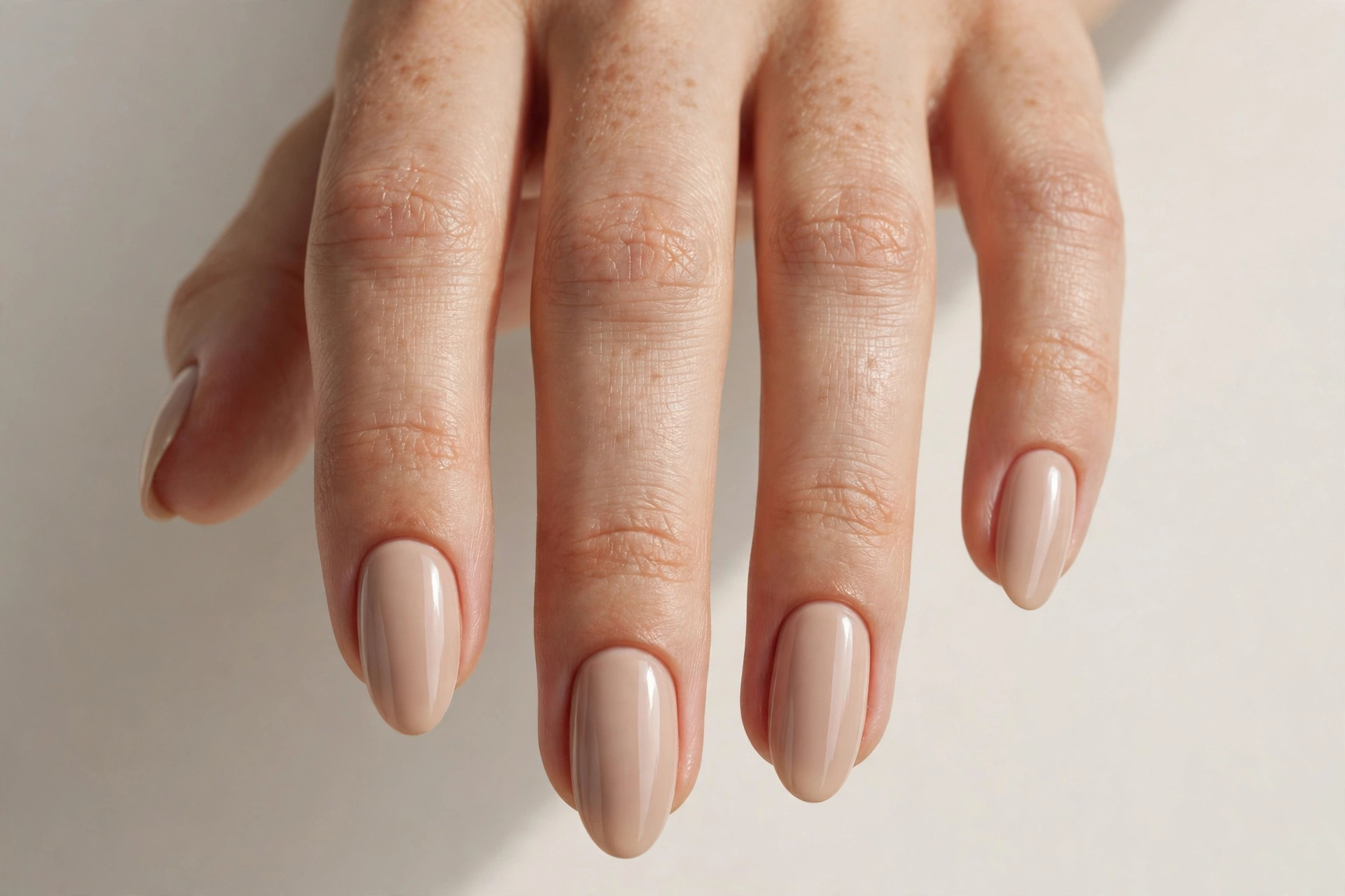 Close-up of soft beige nude manicure on oval shaped nails