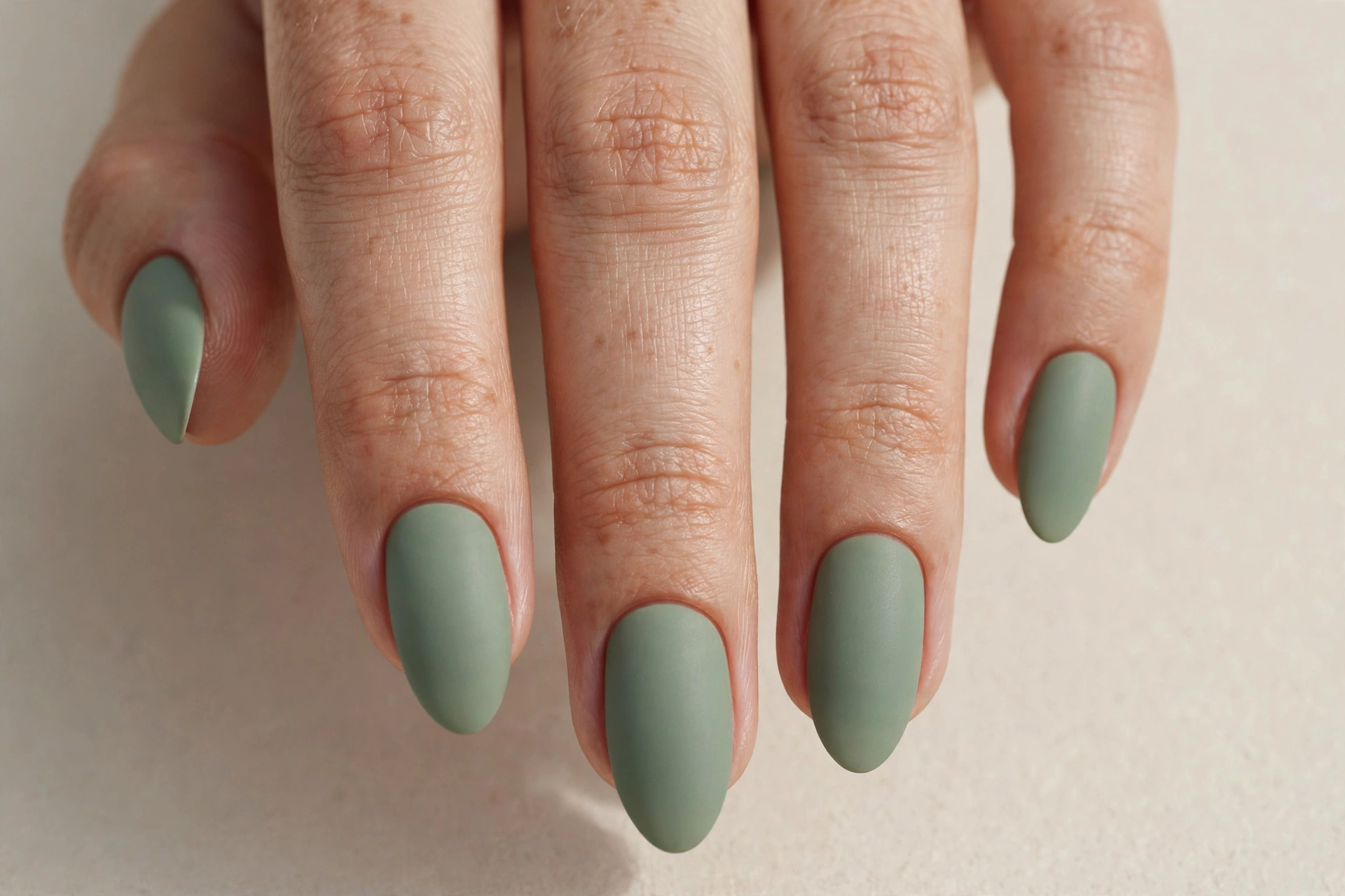 Close-up of sage green matte manicure on oval shaped nails