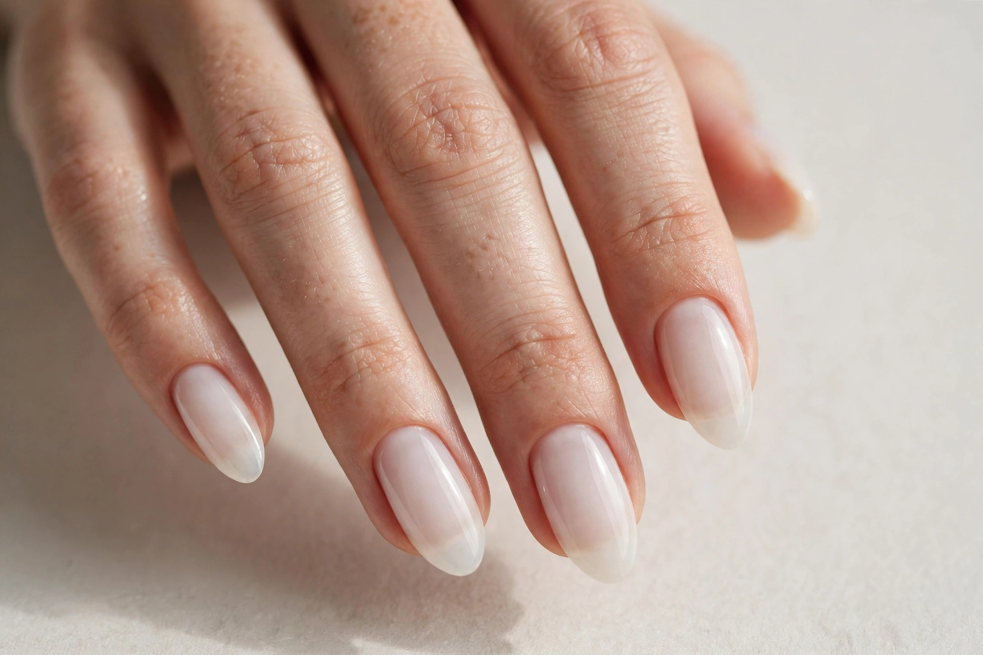 Close-up of milky white sheer manicure on oval shaped nails
