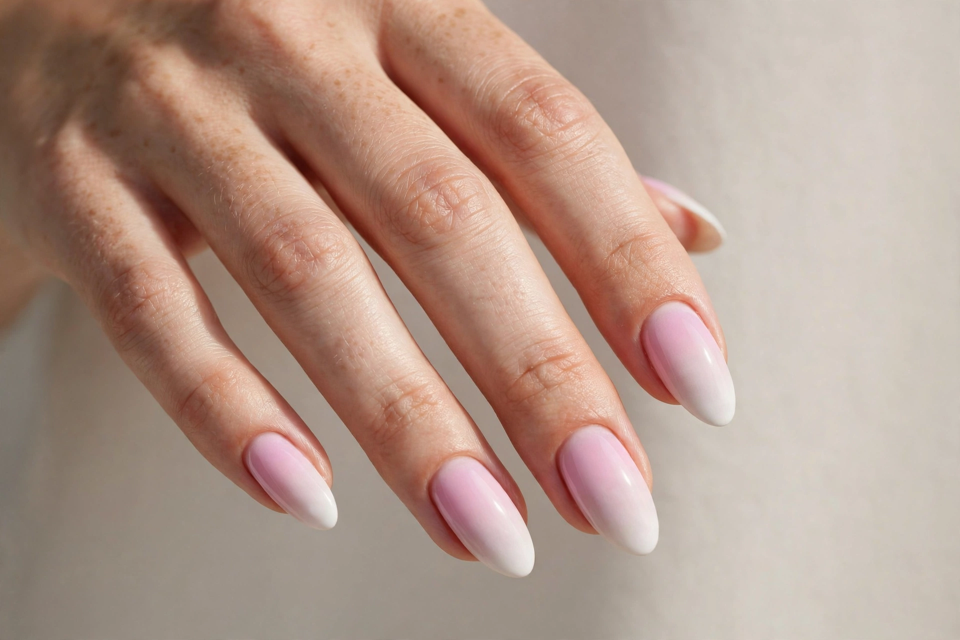 Close-up of pink to white ombre manicure on oval shaped nails