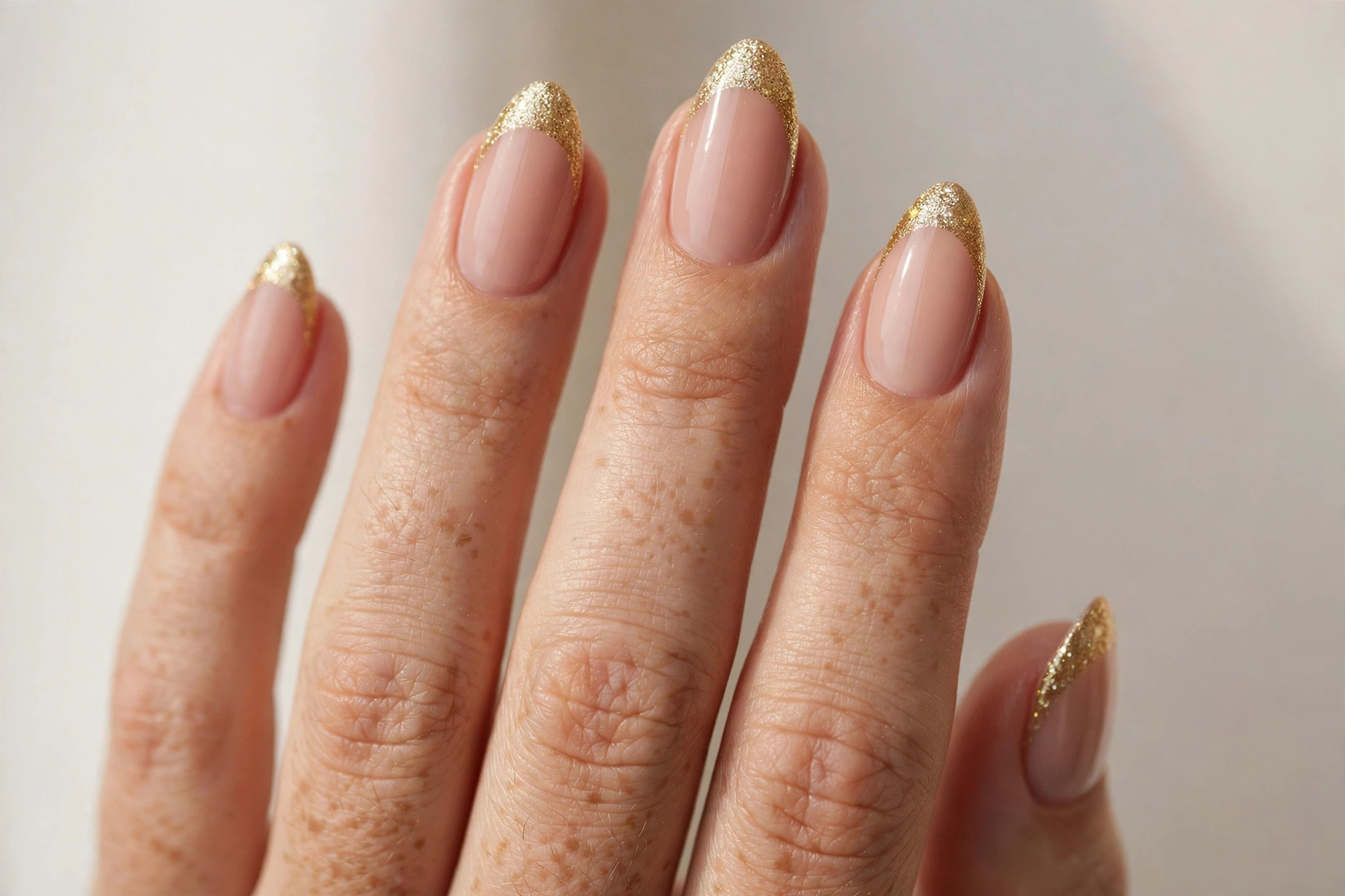 Close-up of nude oval nails with sparkling gold glitter tips